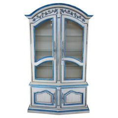 Vintage Italian Provincial Blue Trimmed Oak China Hutch Display Cabinet Vitrine