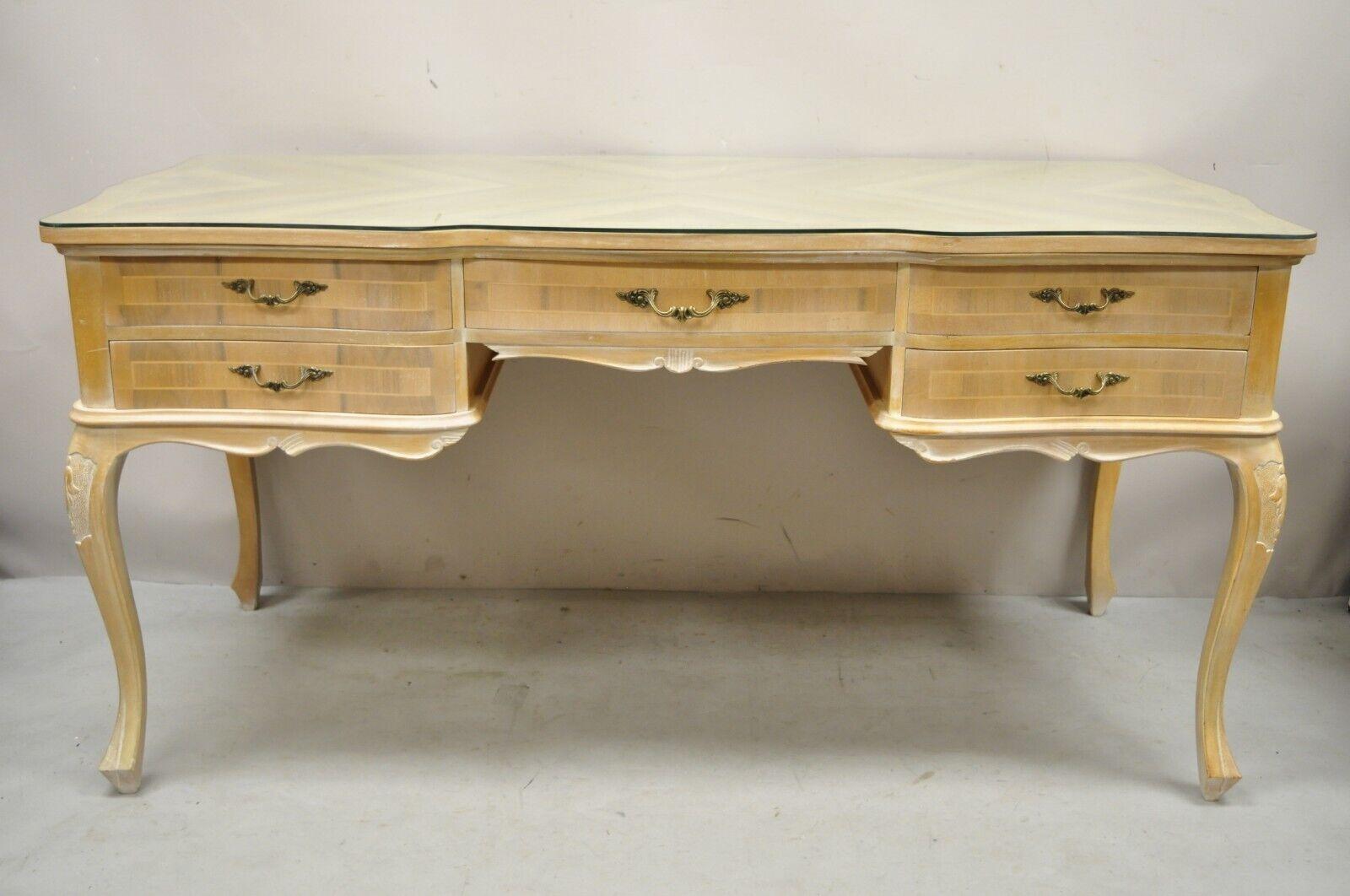 Vintage Italian Provincial French Country Sunburst Inlay Executive writing desk. Item features a sunburst top, pencil inlay throughout, white washed distressed finish, 5 drawers, finished back, cabriole legs, quality Italian craftsmanship, great