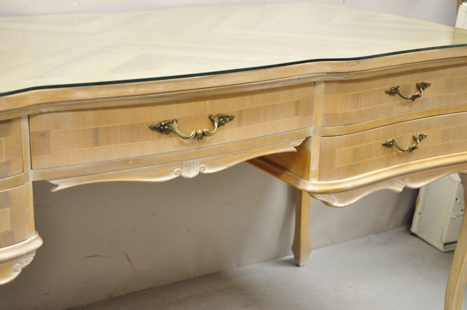 Vintage Italian Provincial French Country Sunburst Inlay Executive Writing Desk In Good Condition In Philadelphia, PA