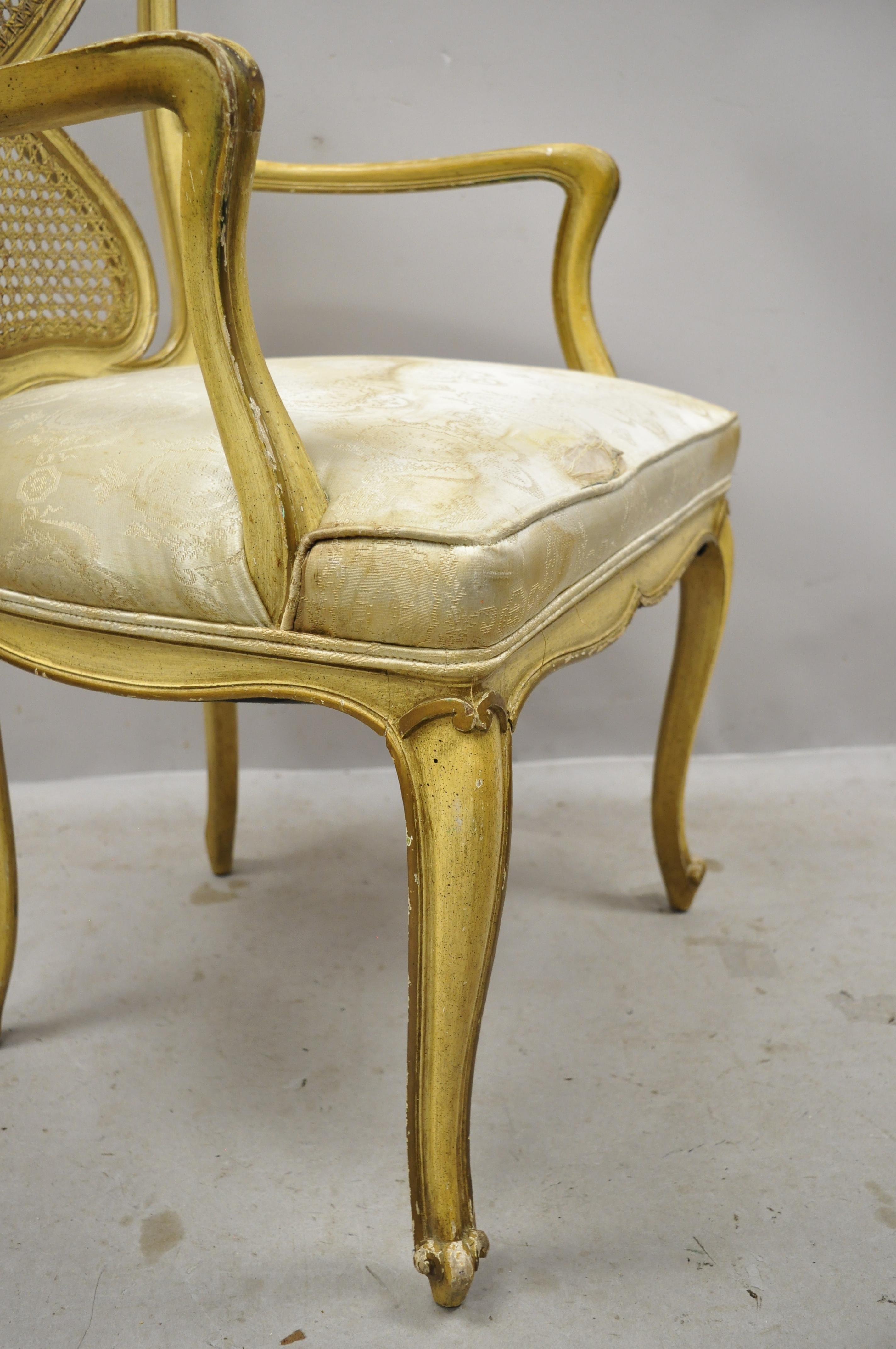Vintage Italian Provincial French Louis XV Yellow Cane Back Dining Armchairs For Sale 6