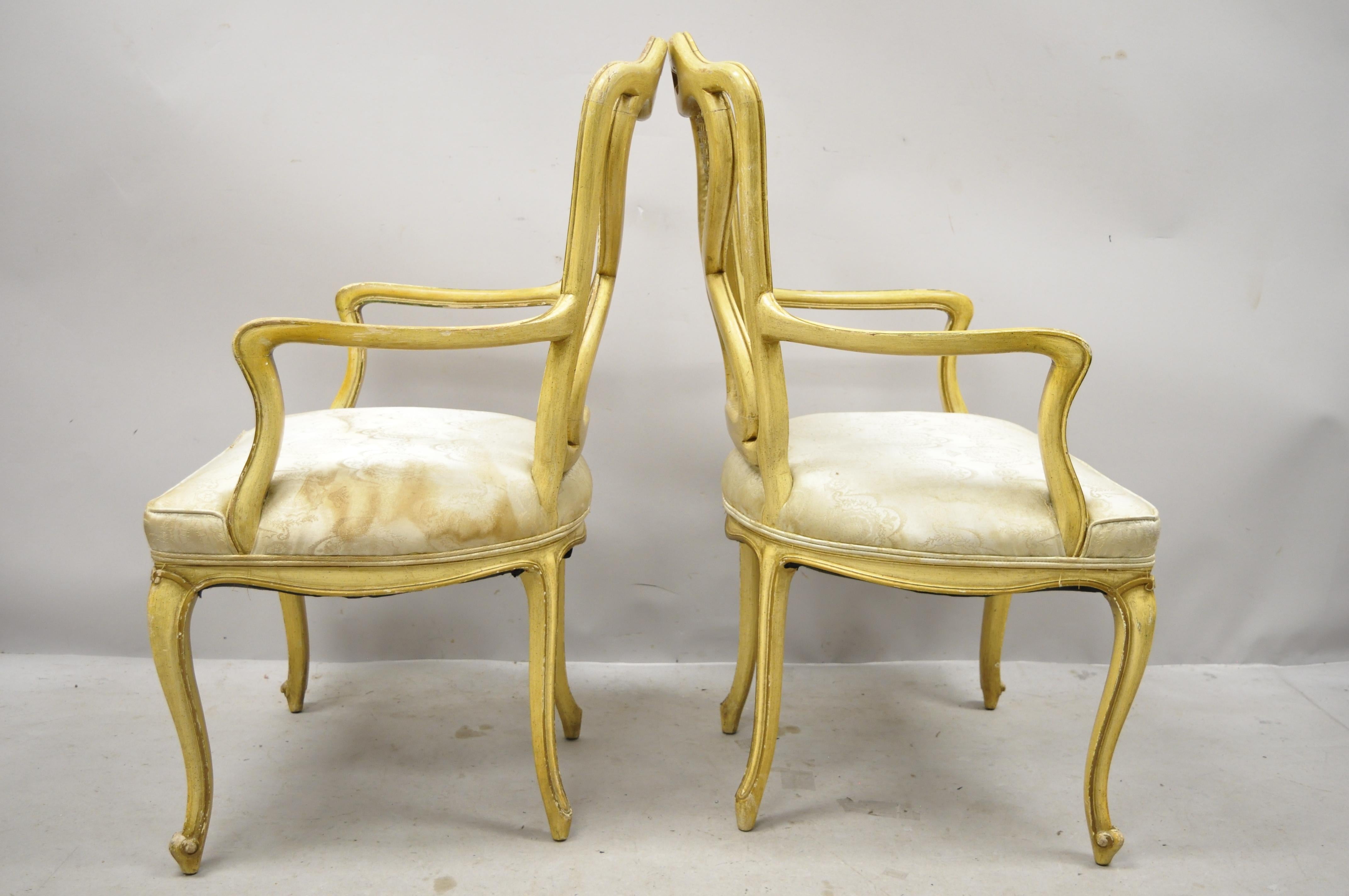 Vintage Italian Provincial French Louis XV Yellow Cane Back Dining Armchairs For Sale 7
