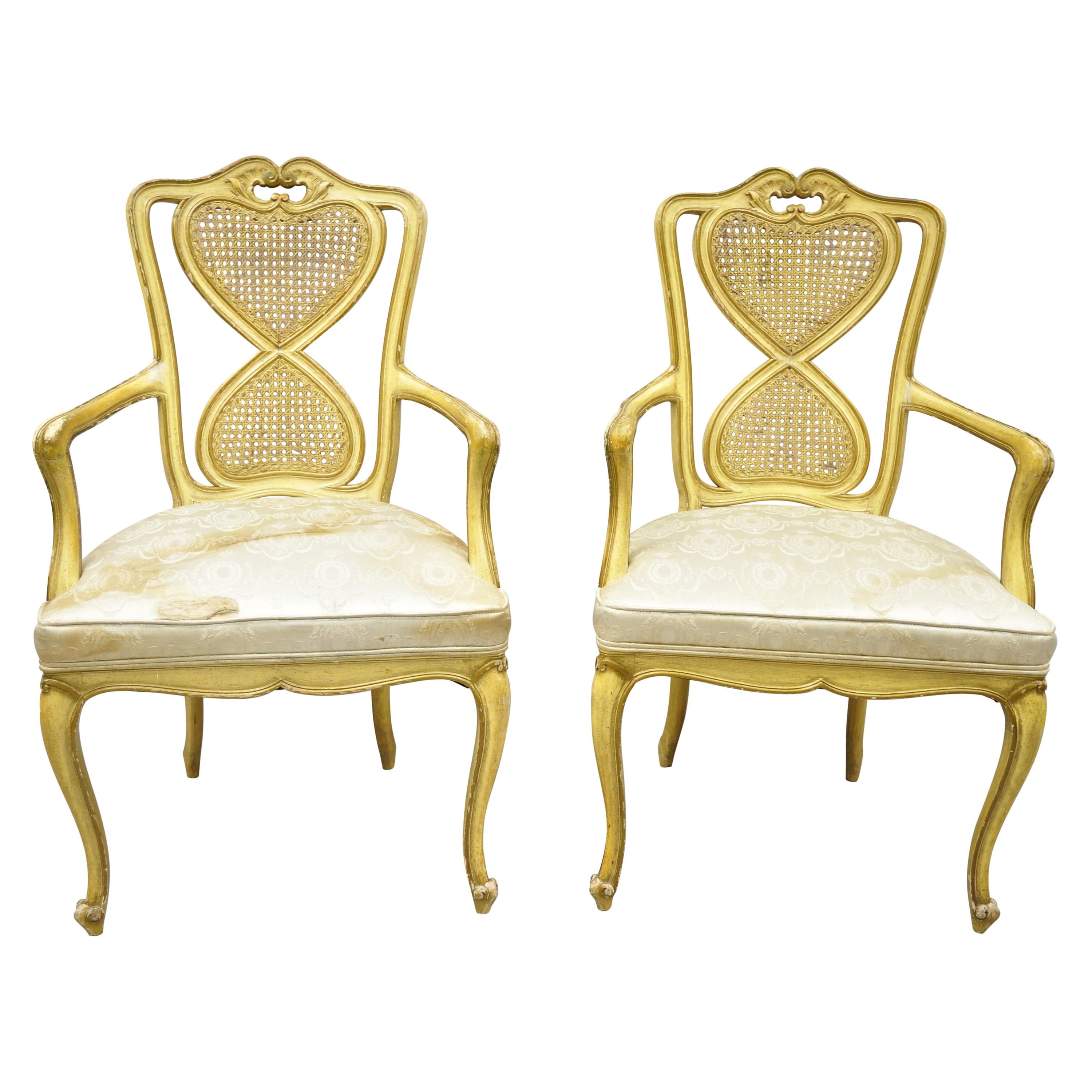 Vintage Italian Provincial French Louis XV Yellow Cane Back Dining Armchairs For Sale