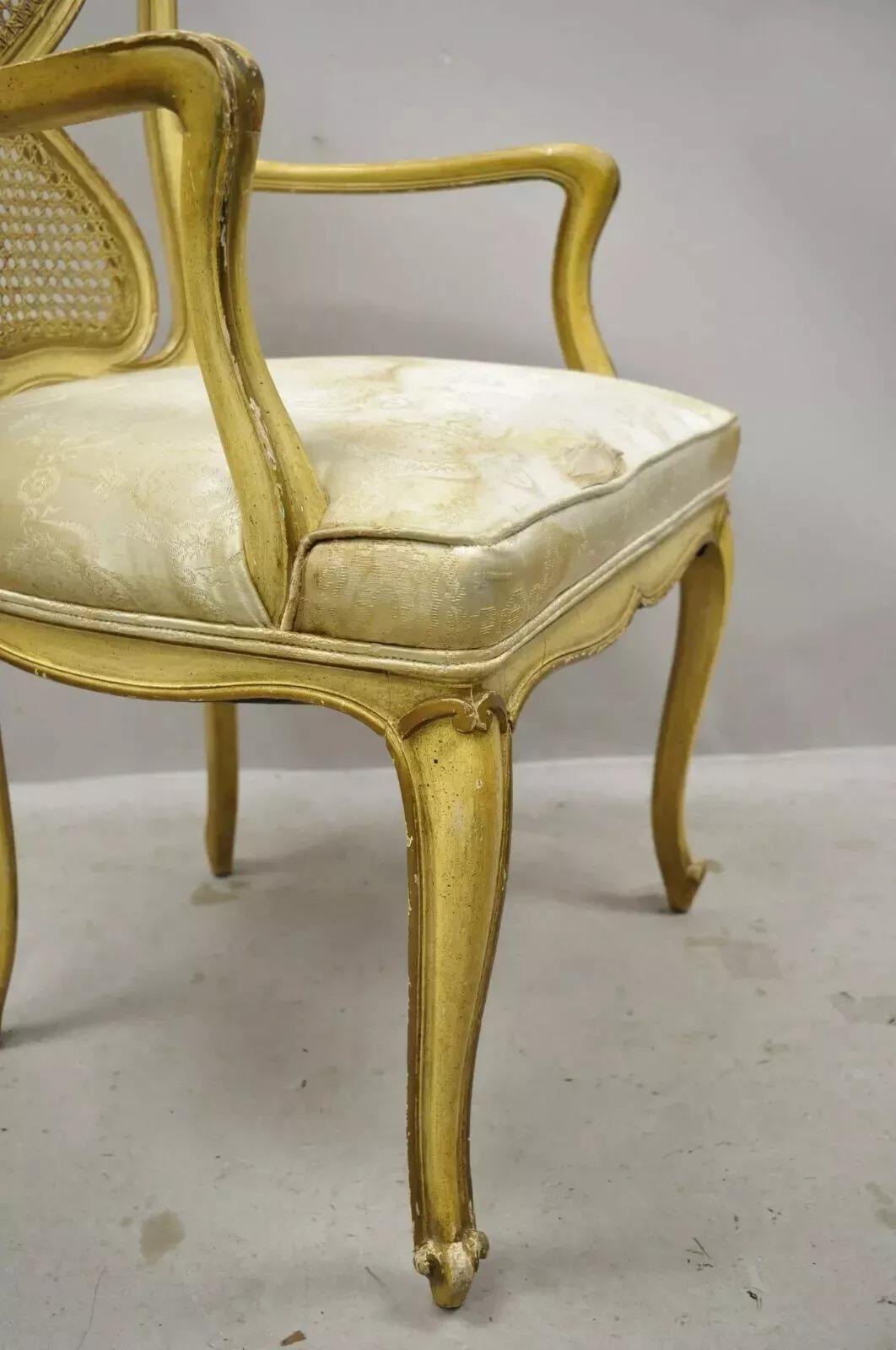 Vintage Italian Provincial French Louis XV Yellow Cane Dining Arm Chairs - Pair For Sale 6