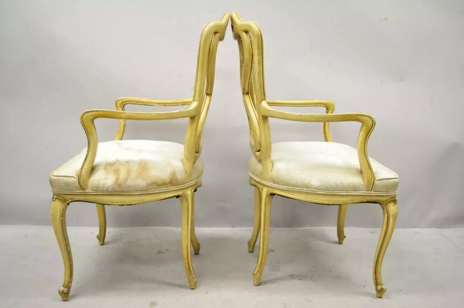 Vintage Italian Provincial French Louis XV Yellow Cane Dining Arm Chairs - Pair For Sale 7
