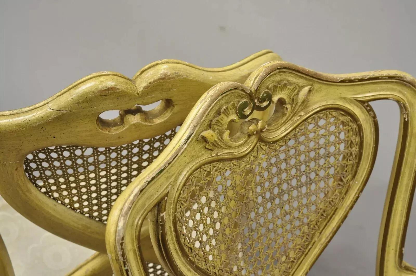 Vintage Italian Provincial French Louis XV Yellow Cane Dining Arm Chairs - Pair For Sale 2