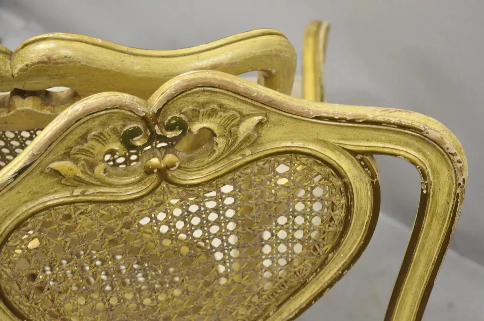 Vintage Italian Provincial French Louis XV Yellow Cane Dining Arm Chairs - Pair For Sale 4
