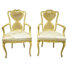 Vintage Italian Provincial French Louis XV Yellow Cane Dining Arm Chairs - Pair
