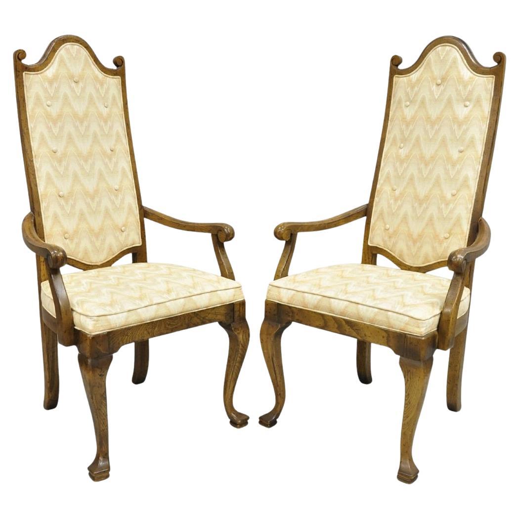Vintage Italian Provincial Hollywood Regency Oak Wood Dining Arm Chairs - a Pair