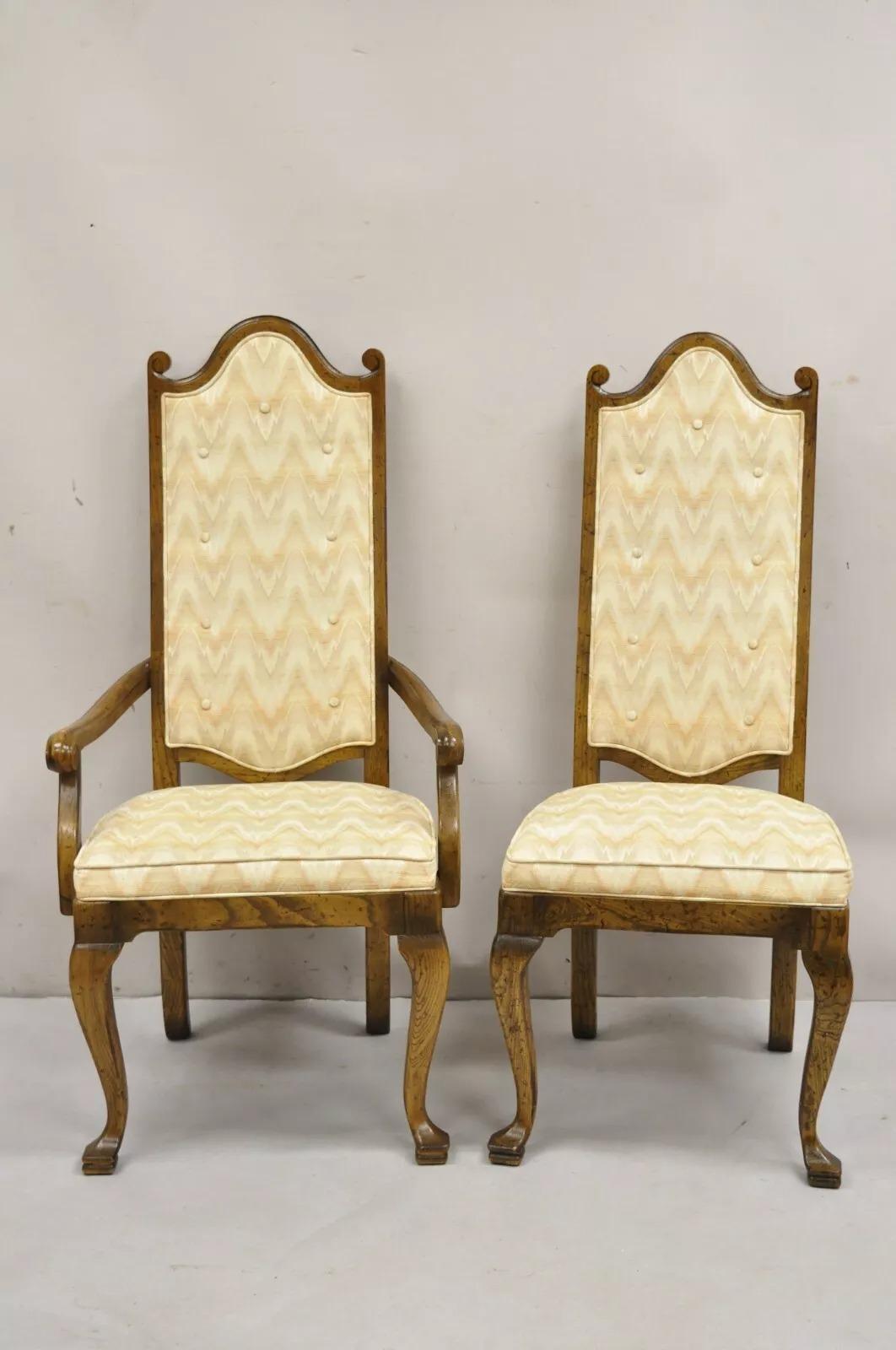 Vintage Italian Provincial Hollywood Regency Oak Wood Dining Chairs - Set of 8. Chairs features solid wood frames, distressed finish, curled finial backs, great style and form. Listing includes 6 side chairs and 2 armchairs. *Outdoor photos make