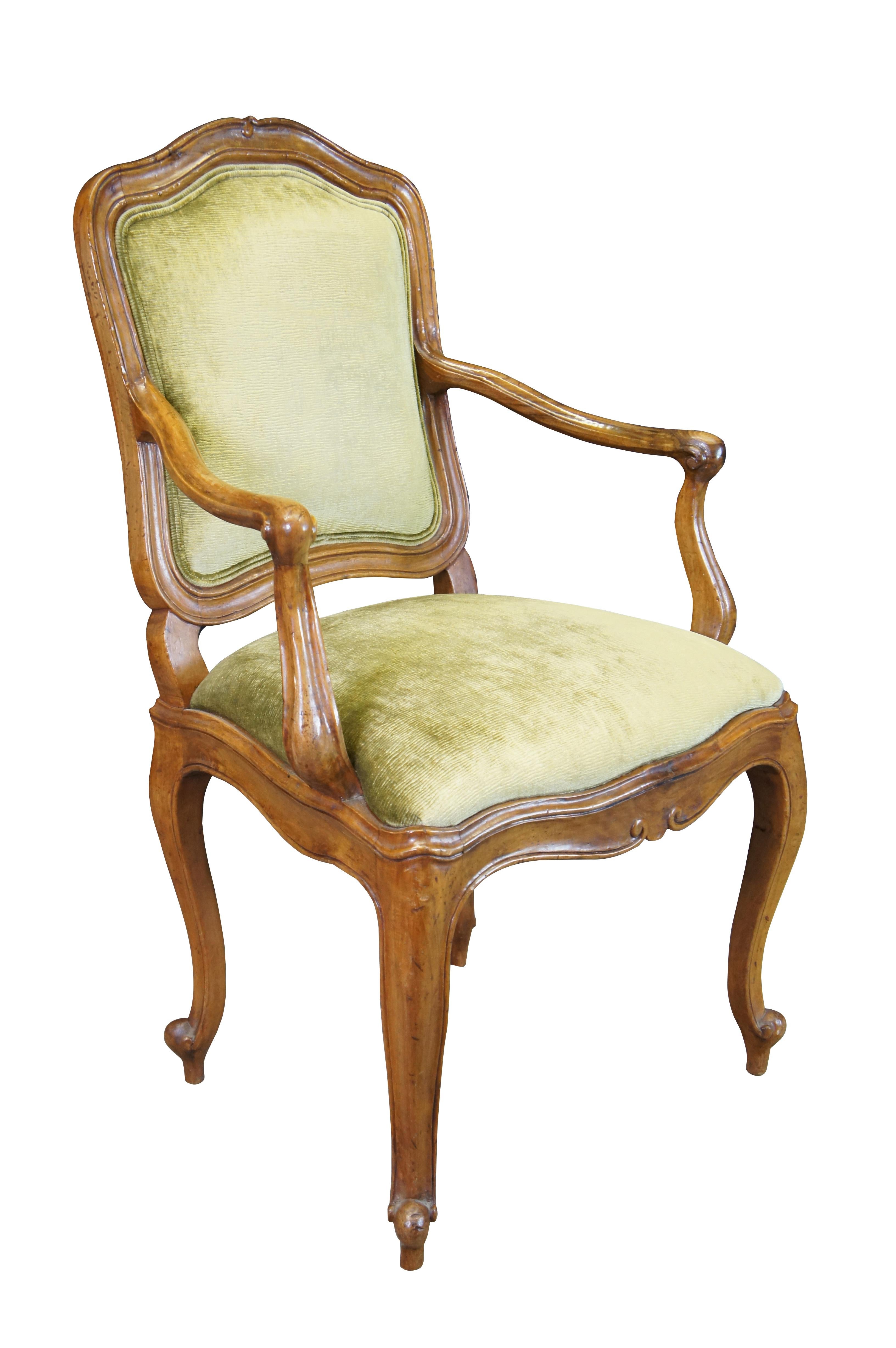 Louis XV Vintage Italian Provincial Tuscan Carved Walnut Velvet Dining Library Armchairs