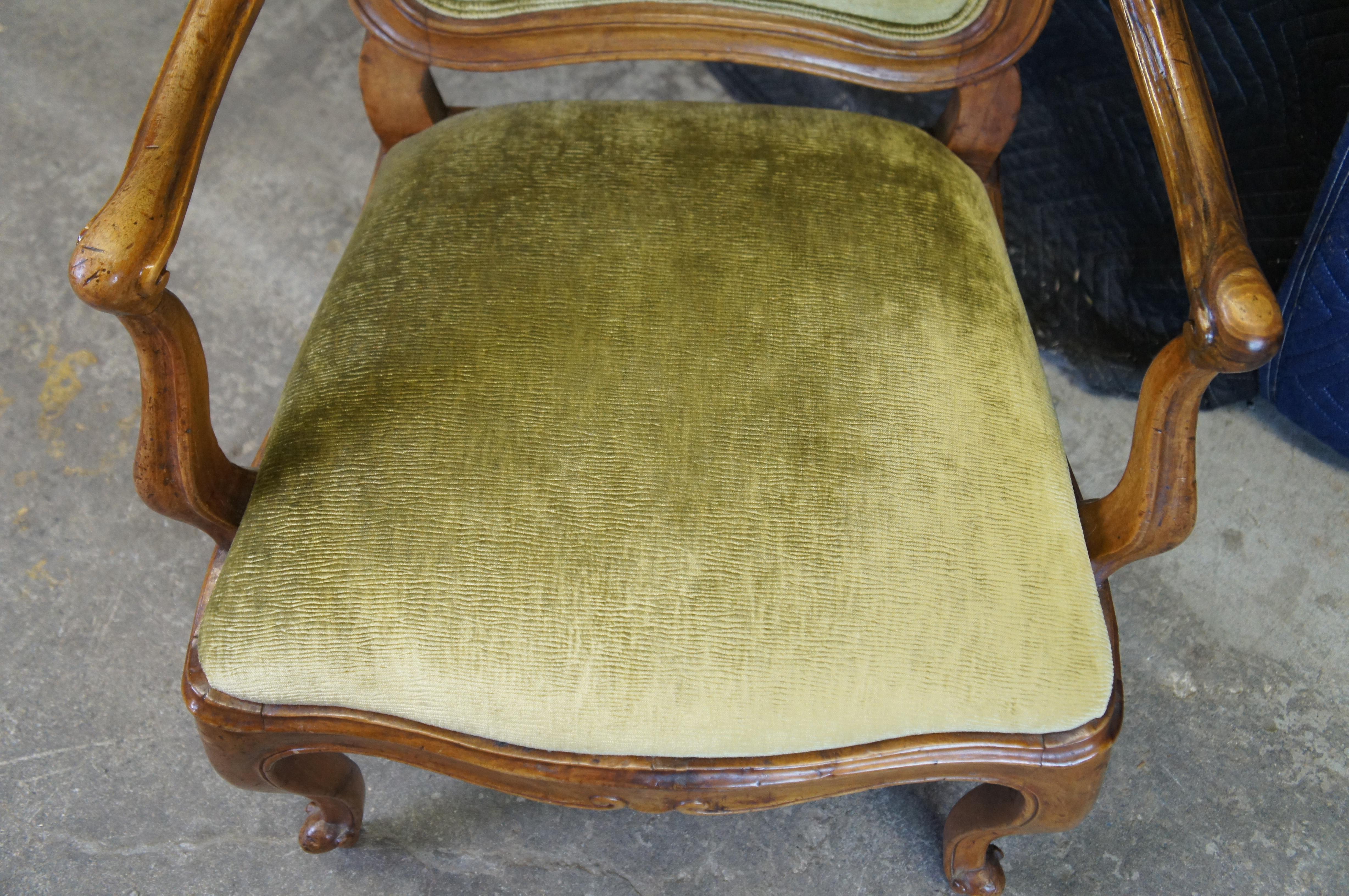 Vintage Italian Provincial Tuscan Carved Walnut Velvet Dining Library Armchairs In Good Condition In Dayton, OH