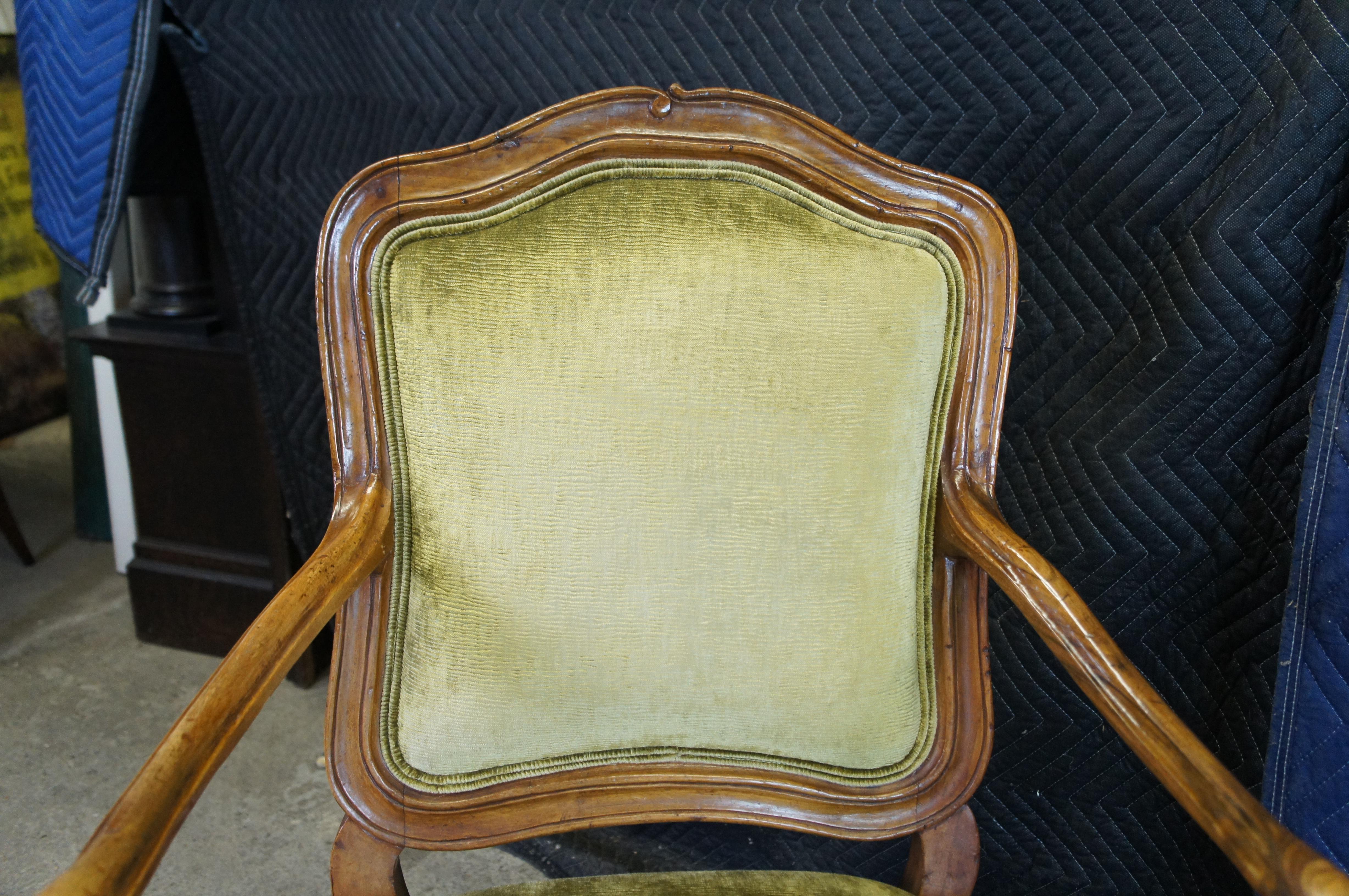 20th Century Vintage Italian Provincial Tuscan Carved Walnut Velvet Dining Library Armchairs