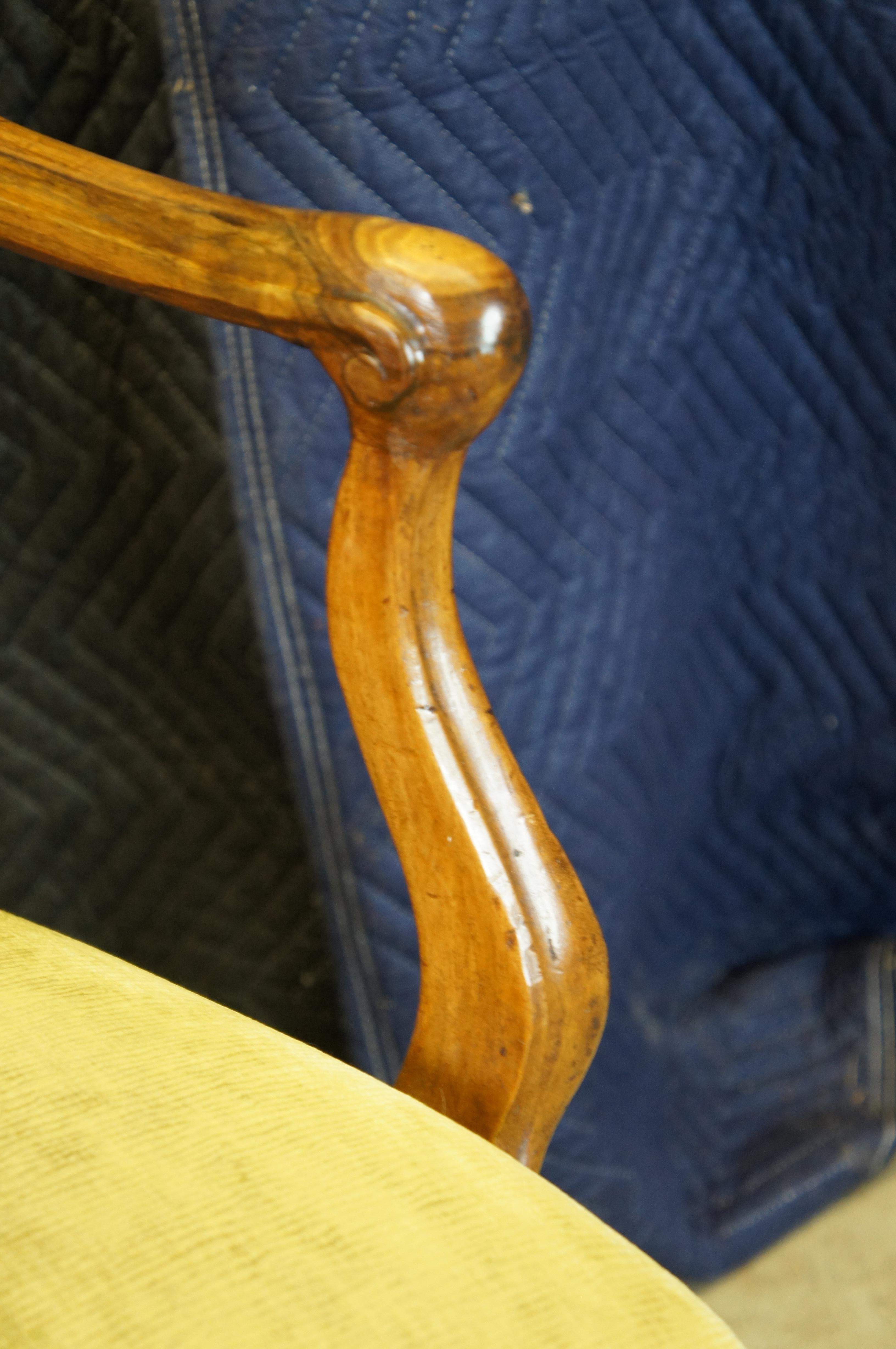 Vintage Italian Provincial Tuscan Carved Walnut Velvet Dining Library Armchairs 1