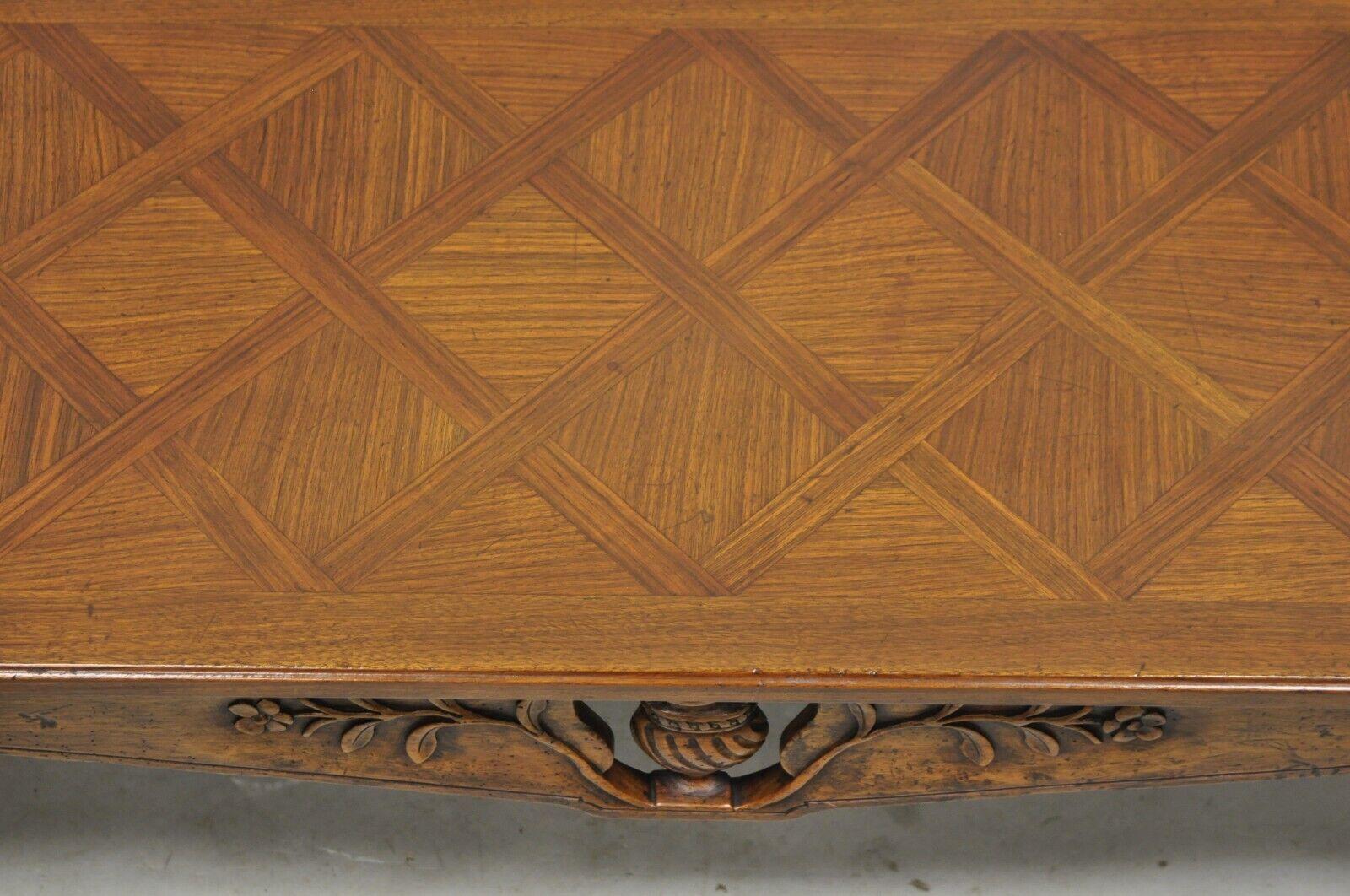 20th Century Vintage Italian Provincial Walnut French Country Parquetry Inlay Coffee Table For Sale