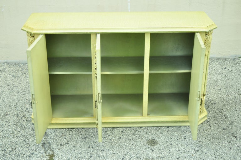 Vintage Italian Provincial Yellow Green Distress Painted Buffet Server Cabinet 1