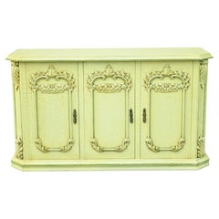 Vintage Italian Provincial Yellow Green Distress Painted Buffet Server Cabinet