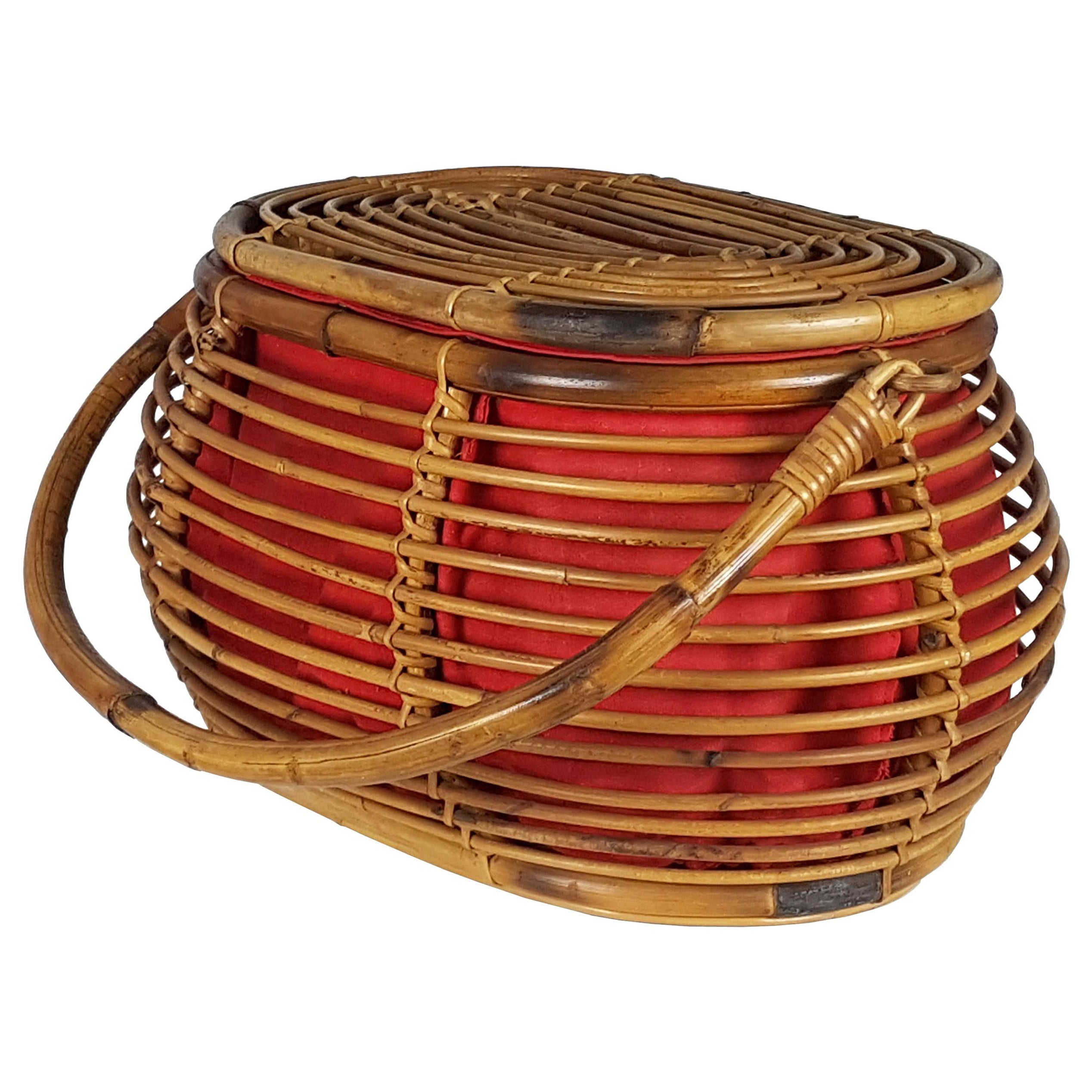 Vintage Italian Rattan 1960s Glove Box/Magazine Rack with Red Fabric For Sale