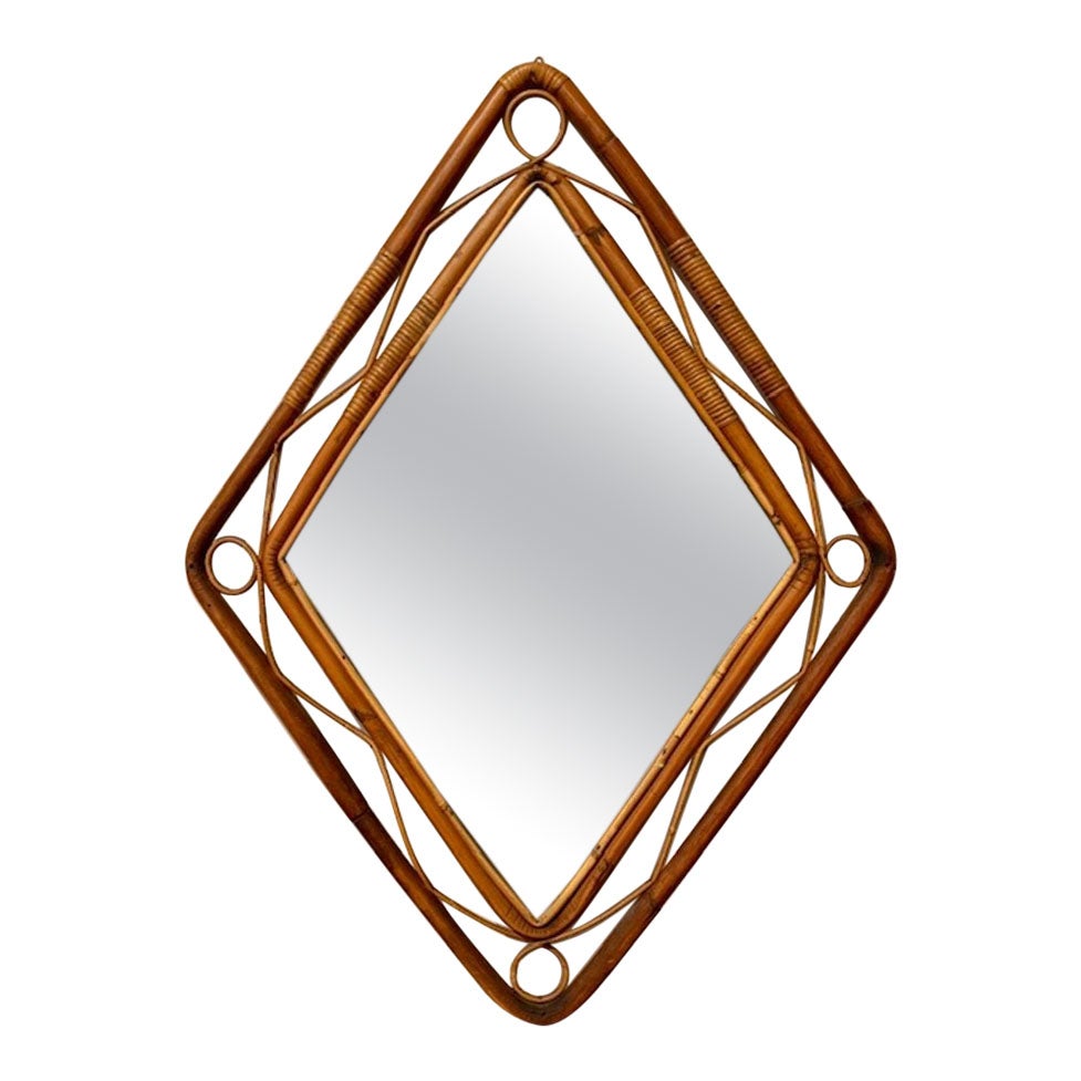Specchio italiano vintage in rattan e bambù a forma di diamante