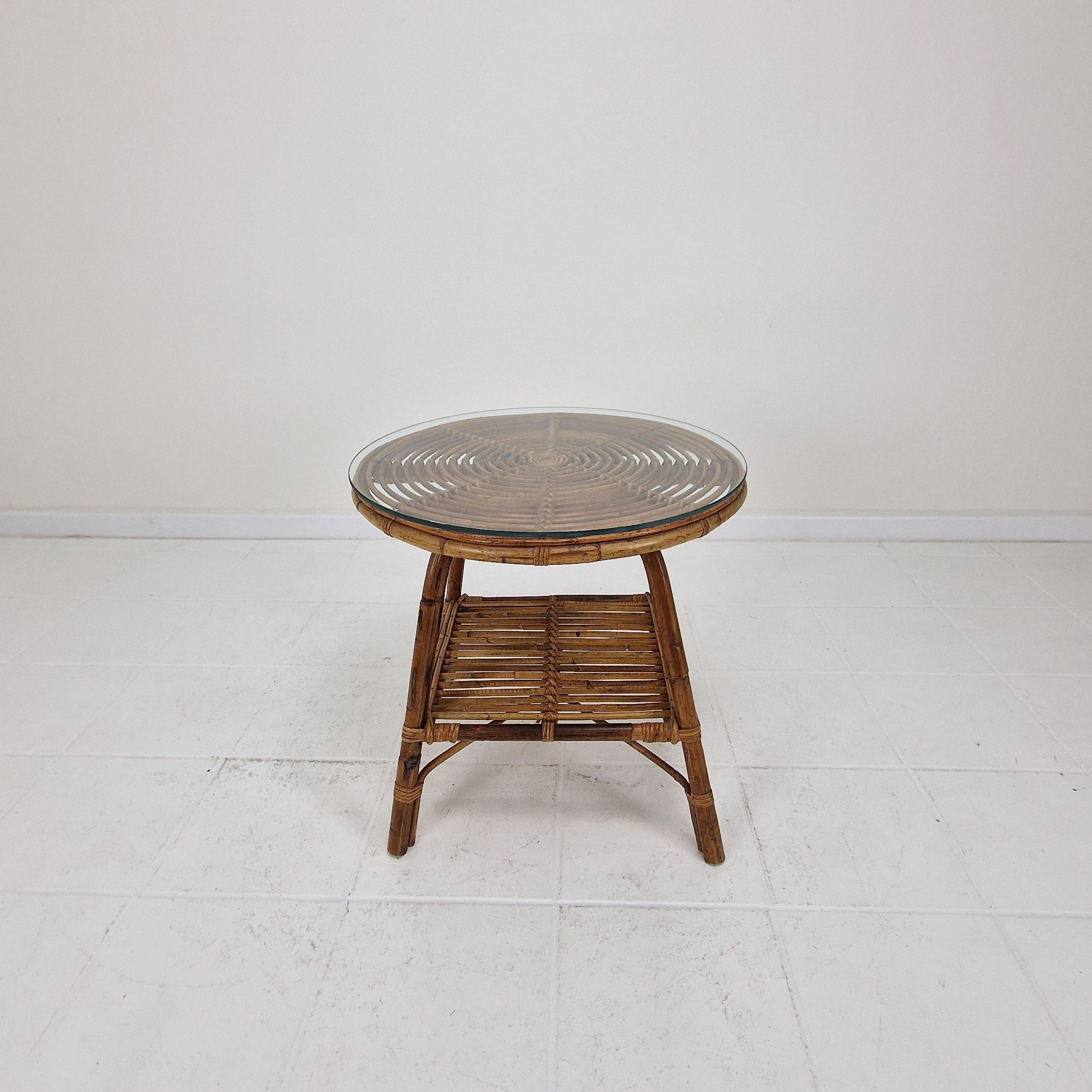 Hand-Crafted Vintage Italian Rattan Coffee or Side Table With New Glass Plate, 1970s For Sale
