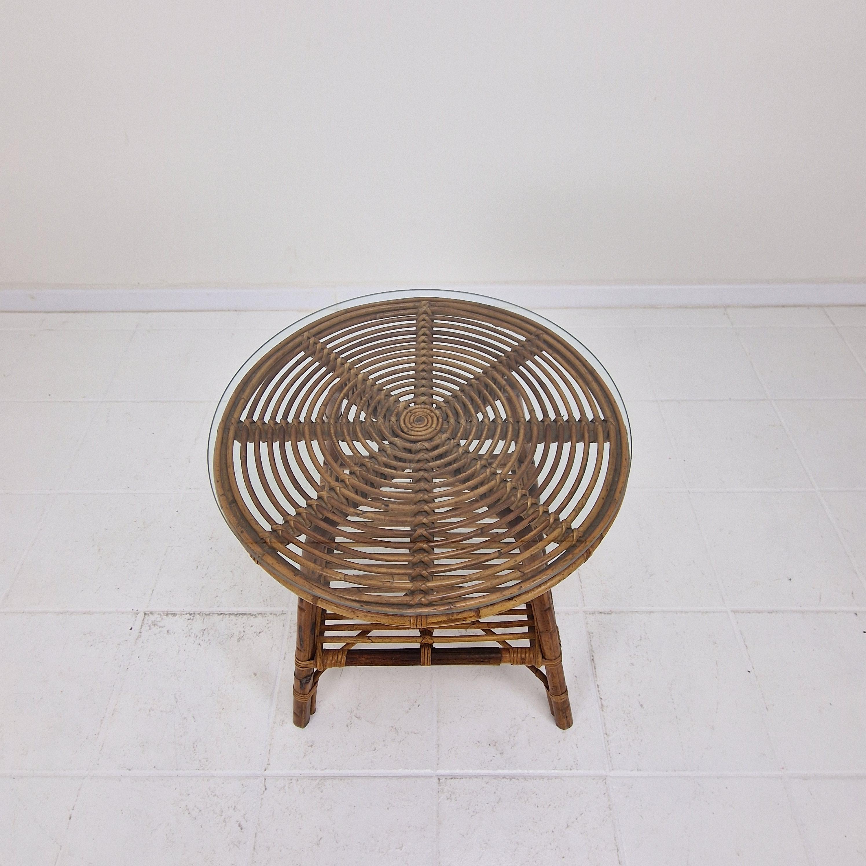 Late 20th Century Vintage Italian Rattan Coffee or Side Table With New Glass Plate, 1970s For Sale