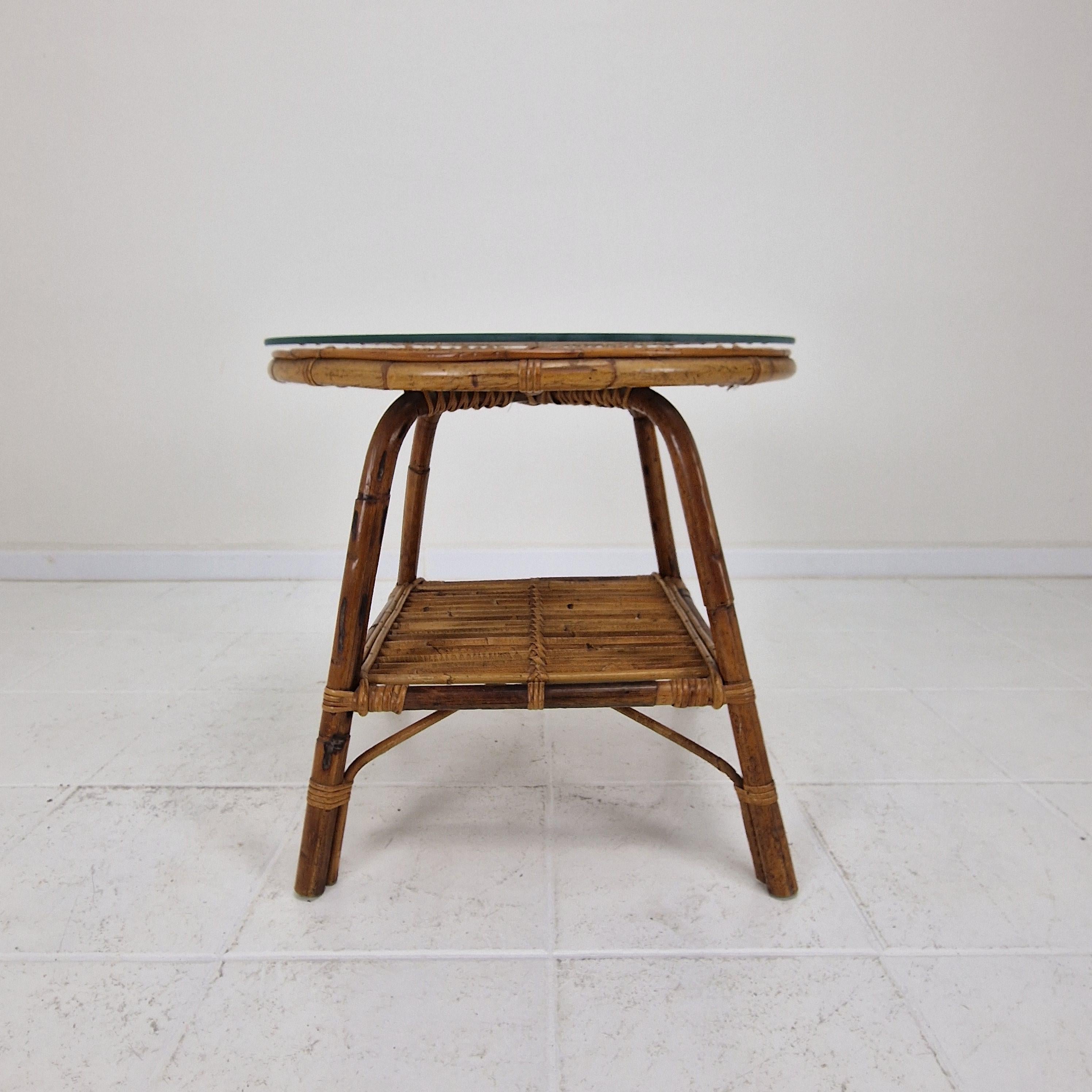 Vintage Italian Rattan Coffee or Side Table With New Glass Plate, 1970s For Sale 1