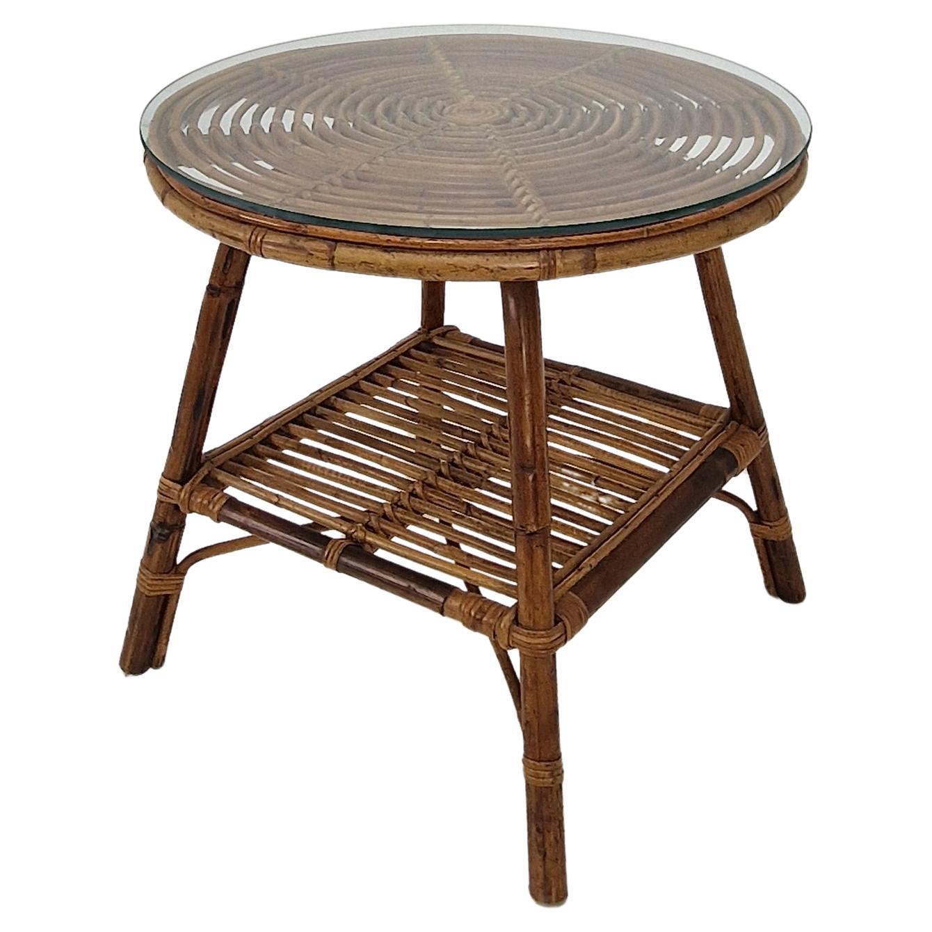 Vintage Italian Rattan Coffee or Side Table With New Glass Plate, 1970s For Sale