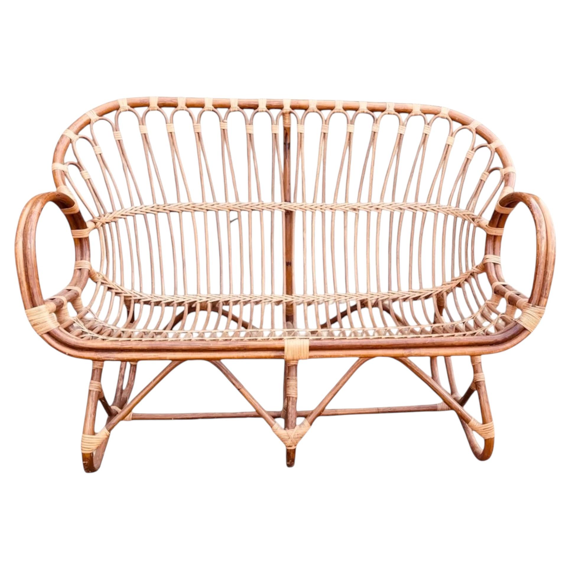Vintage Italian Rattan Loveseat or Settee in the Style of Franco Albini