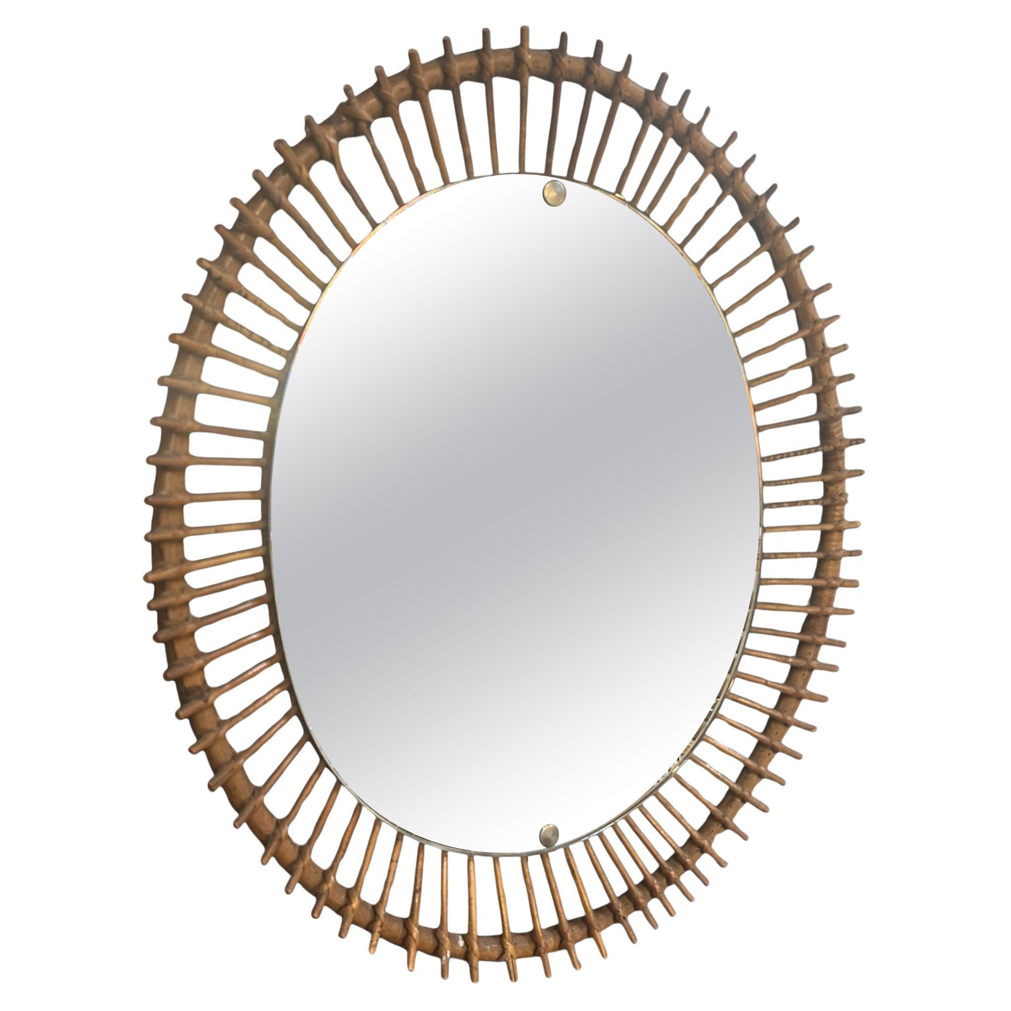 Miroir italien vintage en rotin, années 1960
