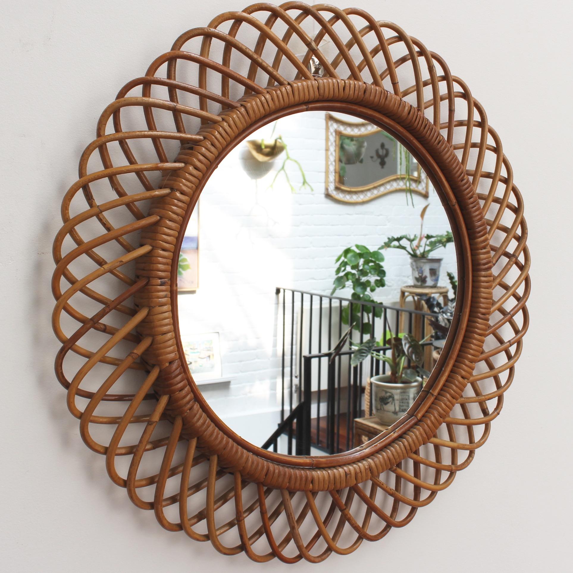 Mid-Century Modern Vintage Italian Rattan Round Wall Mirror, 'circa 1960s'