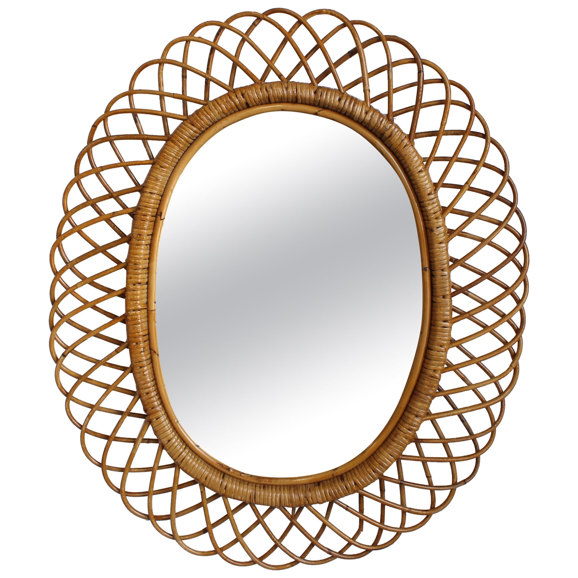 Vintage Italienischer Rattan Wandspiegel (ca. 1960er Jahre)