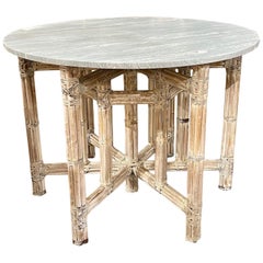 Vintage Italian Rattan White Washed Table with Marble Top