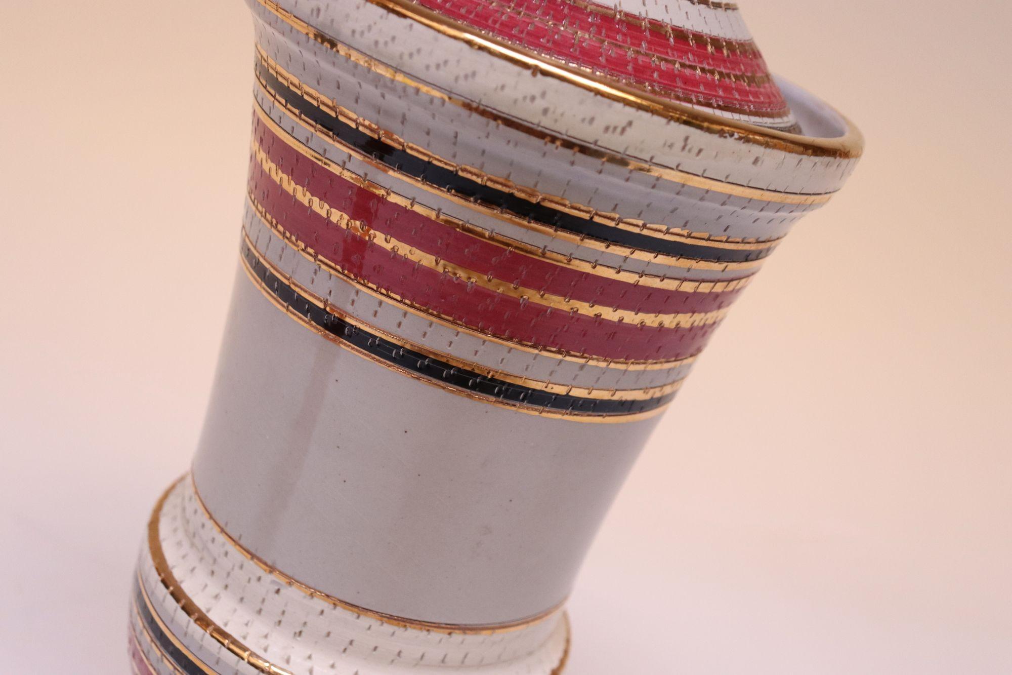 Vintage Italian Raymor White Glazed Ceramic Lidded Jar in Pink, Black, and Gold For Sale 1