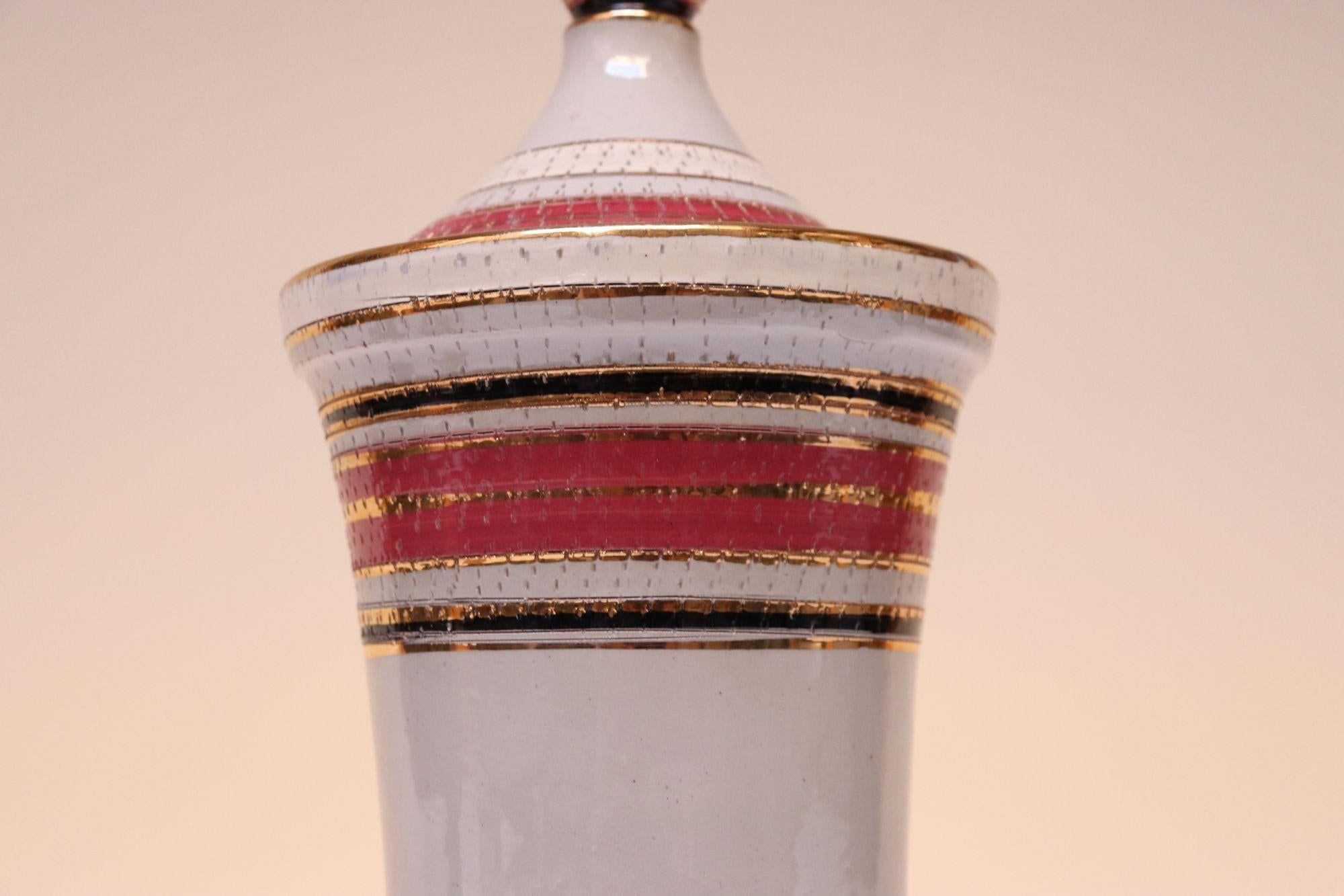 Vintage Italian Raymor White Glazed Ceramic Lidded Jar in Pink, Black, and Gold For Sale 2