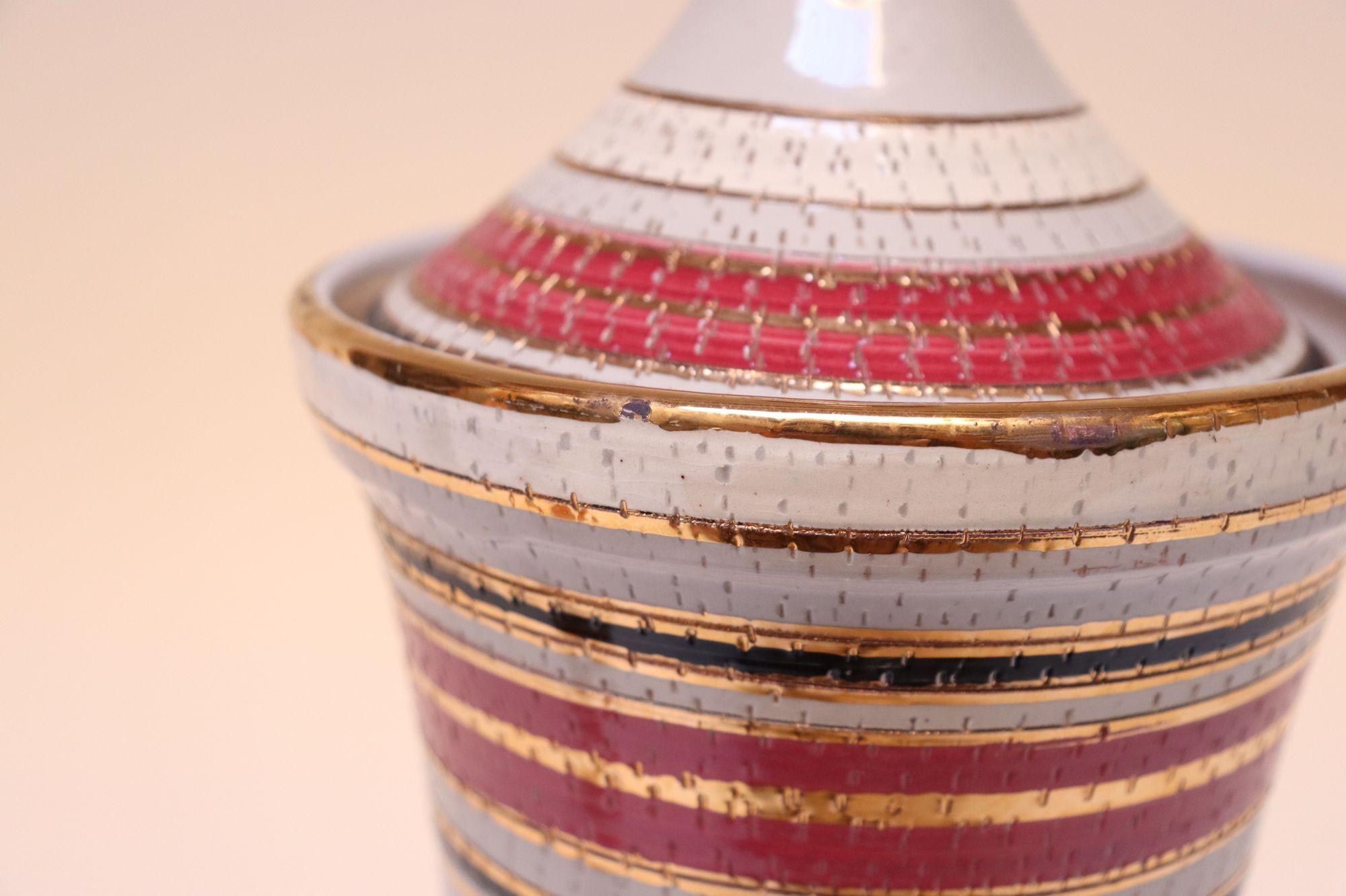 Vintage Italian Raymor White Glazed Ceramic Lidded Jar in Pink, Black, and Gold For Sale 4