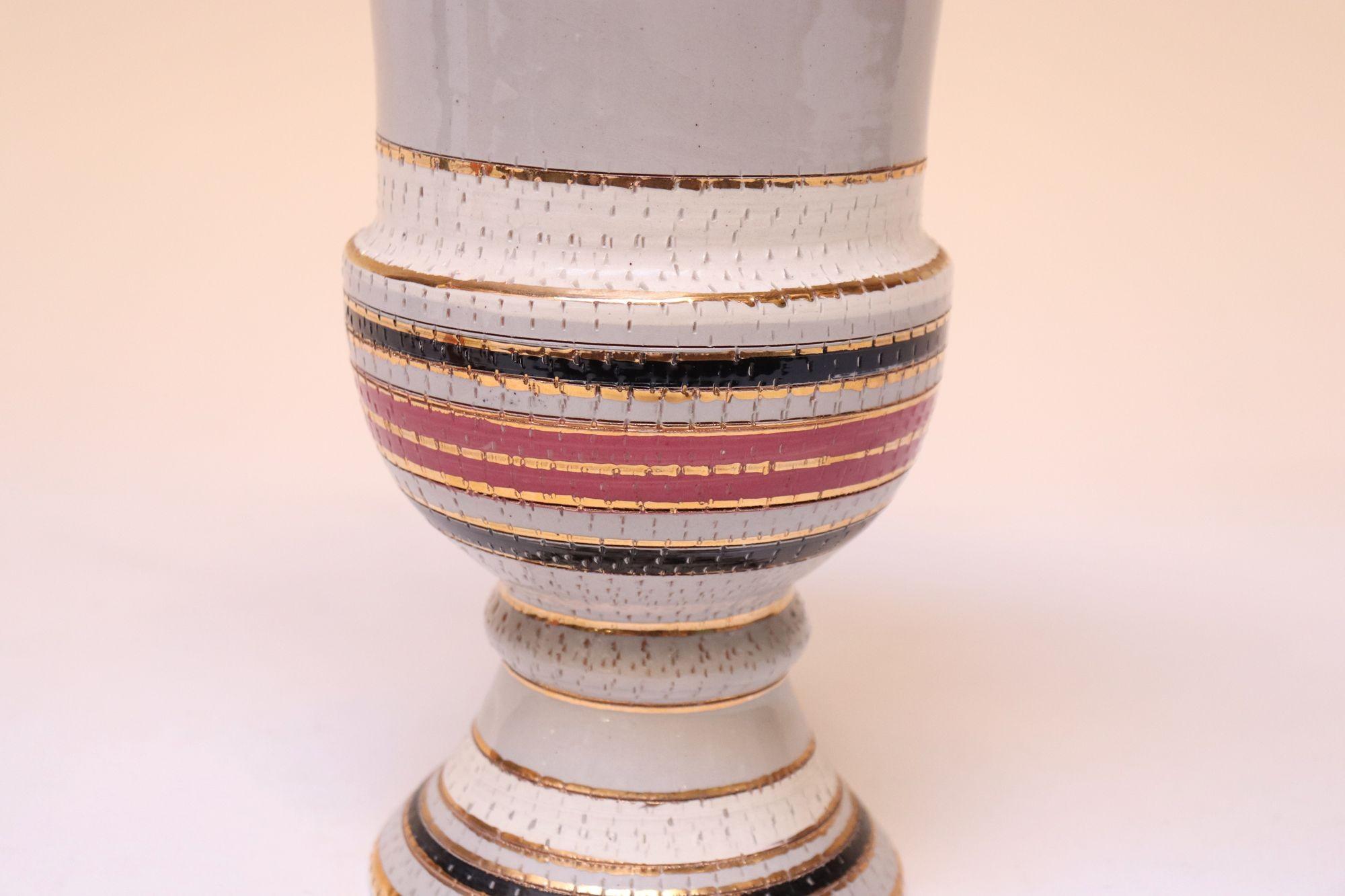 Vintage Italian Raymor White Glazed Ceramic Lidded Jar in Pink, Black, and Gold For Sale 5