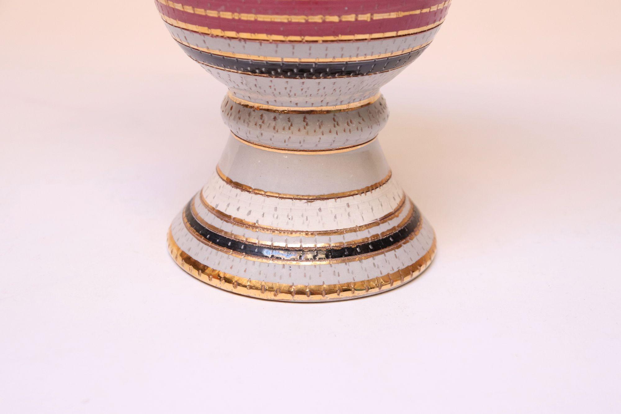 Vintage Italian Raymor White Glazed Ceramic Lidded Jar in Pink, Black, and Gold For Sale 8