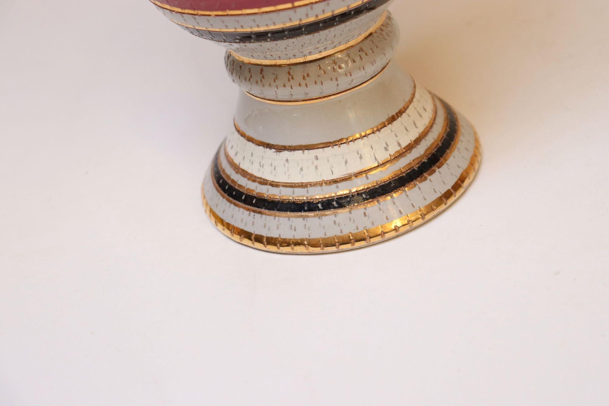 Vintage Italian Raymor White Glazed Ceramic Lidded Jar in Pink, Black, and Gold For Sale 7