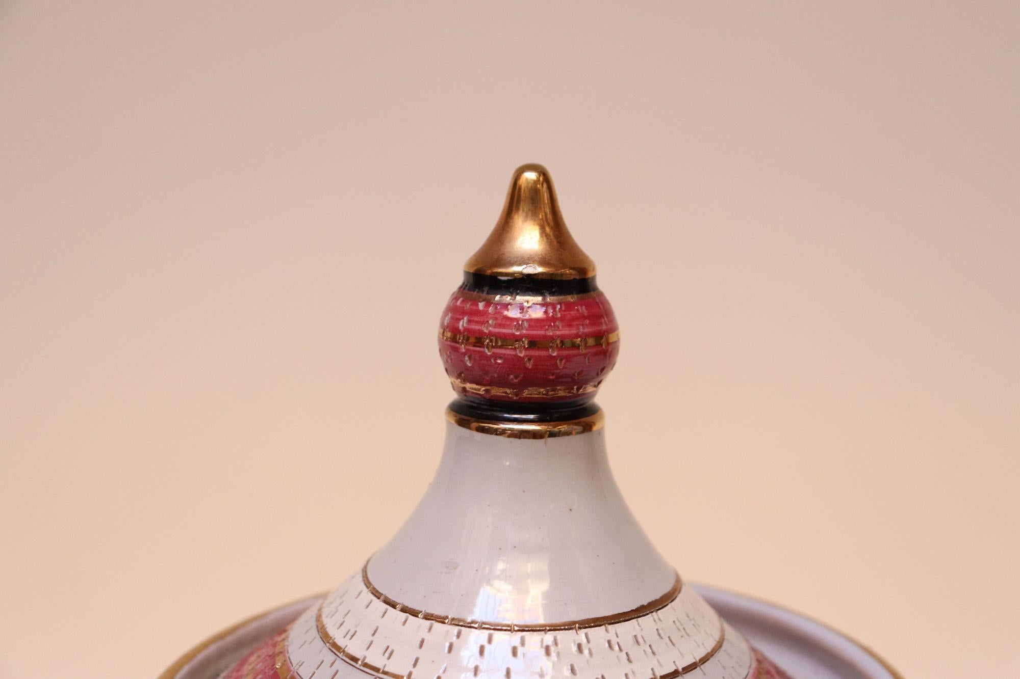 Vintage Italian Raymor White Glazed Ceramic Lidded Jar in Pink, Black, and Gold For Sale 6