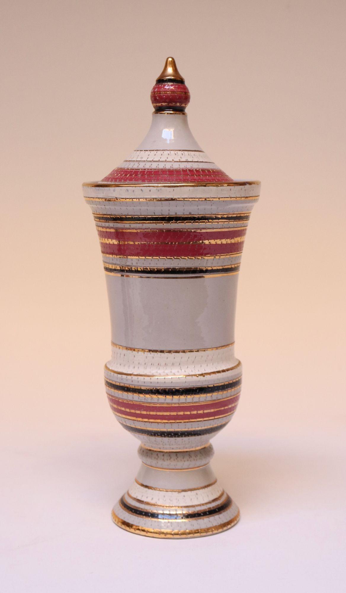 Vintage Italian Raymor White Glazed Ceramic Lidded Jar in Pink, Black, and Gold For Sale 13