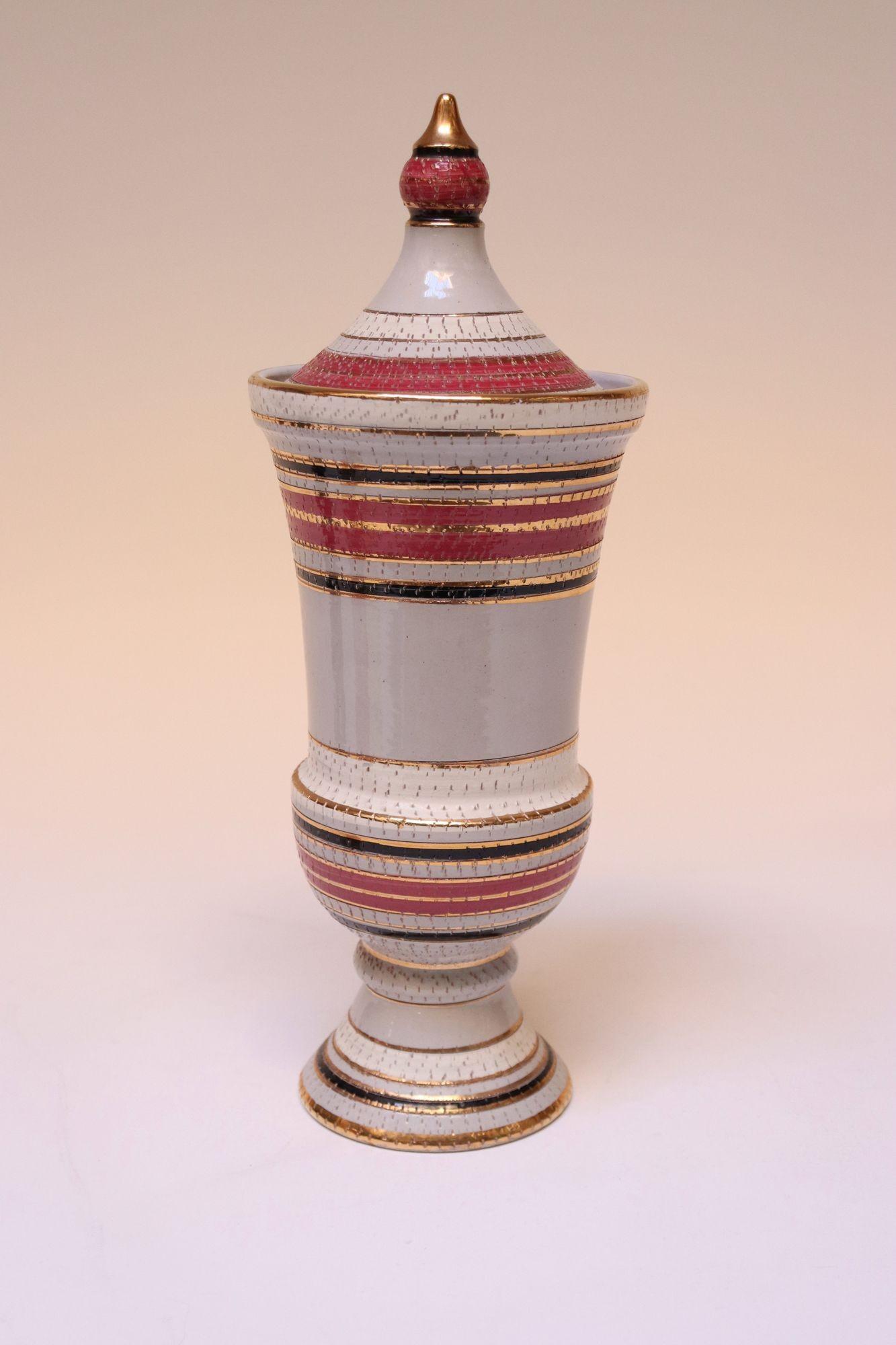 Vintage Italian Raymor White Glazed Ceramic Lidded Jar in Pink, Black, and Gold For Sale 11