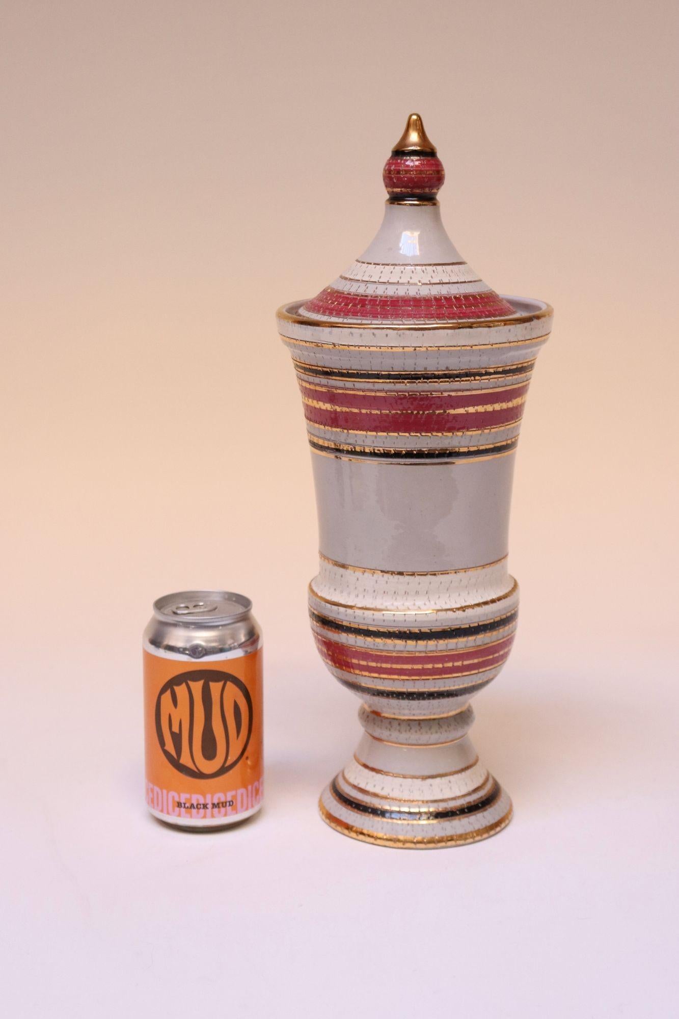 Mid-Century Modern Vintage Italian Raymor White Glazed Ceramic Lidded Jar in Pink, Black, and Gold For Sale