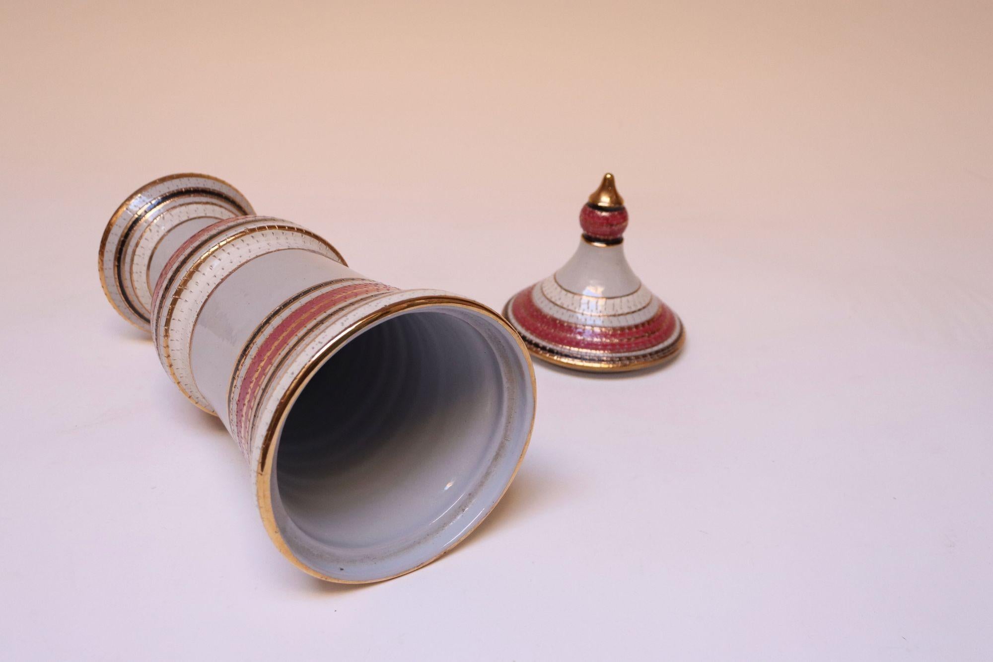 Vintage Italian Raymor White Glazed Ceramic Lidded Jar in Pink, Black, and Gold For Sale 12