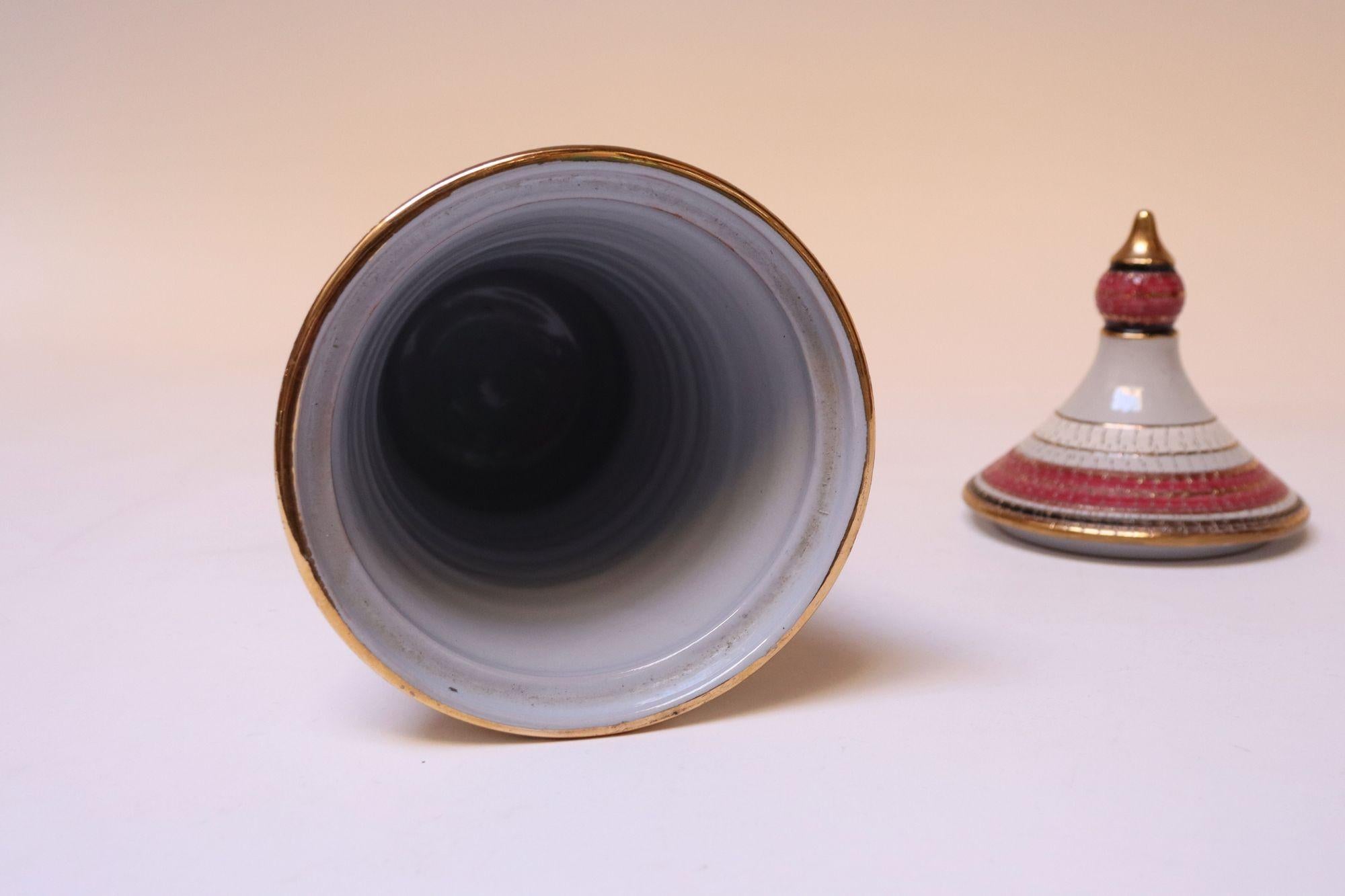 Mid-20th Century Vintage Italian Raymor White Glazed Ceramic Lidded Jar in Pink, Black, and Gold For Sale