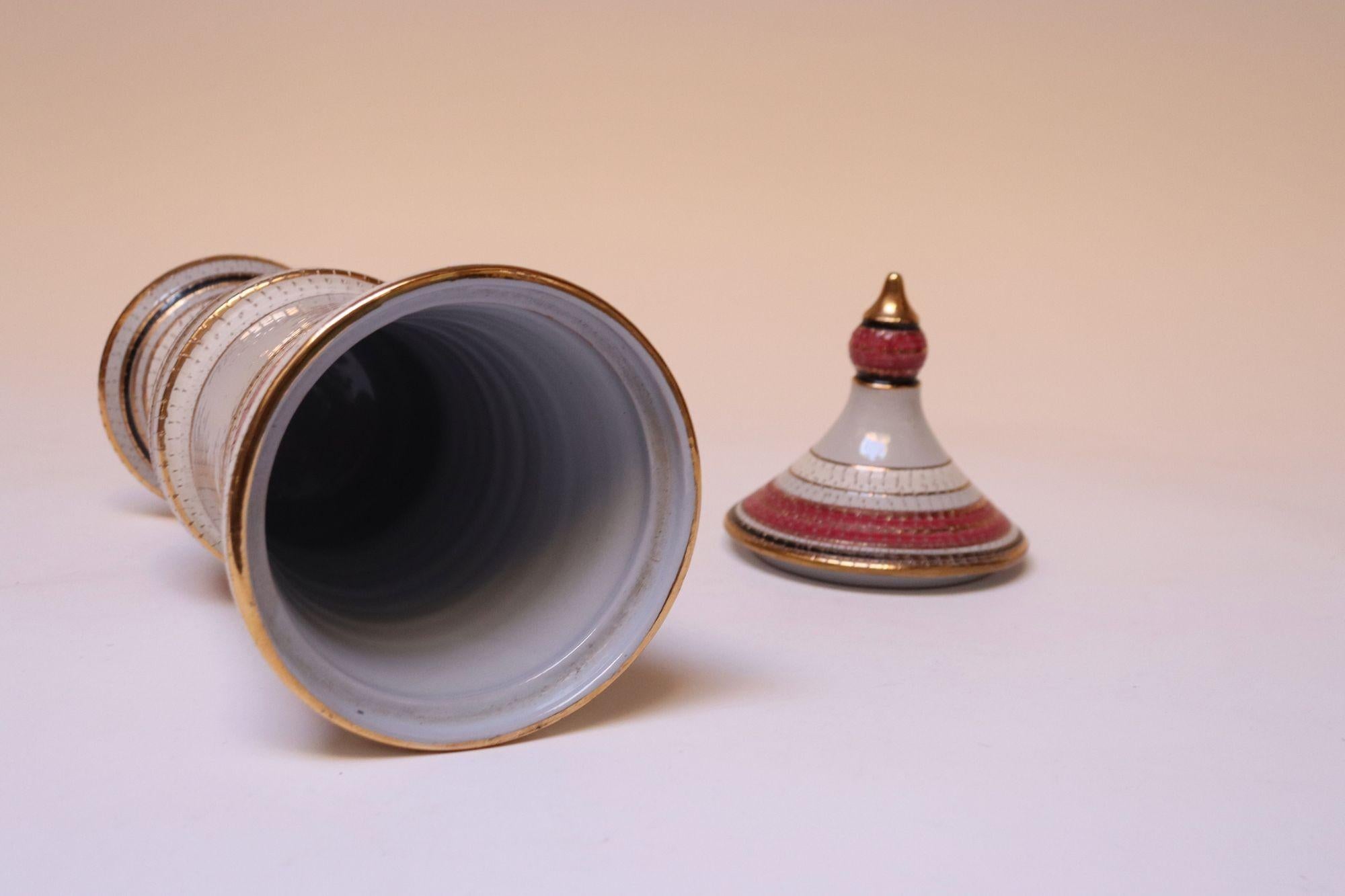 Vintage Italian Raymor White Glazed Ceramic Lidded Jar in Pink, Black, and Gold For Sale 10