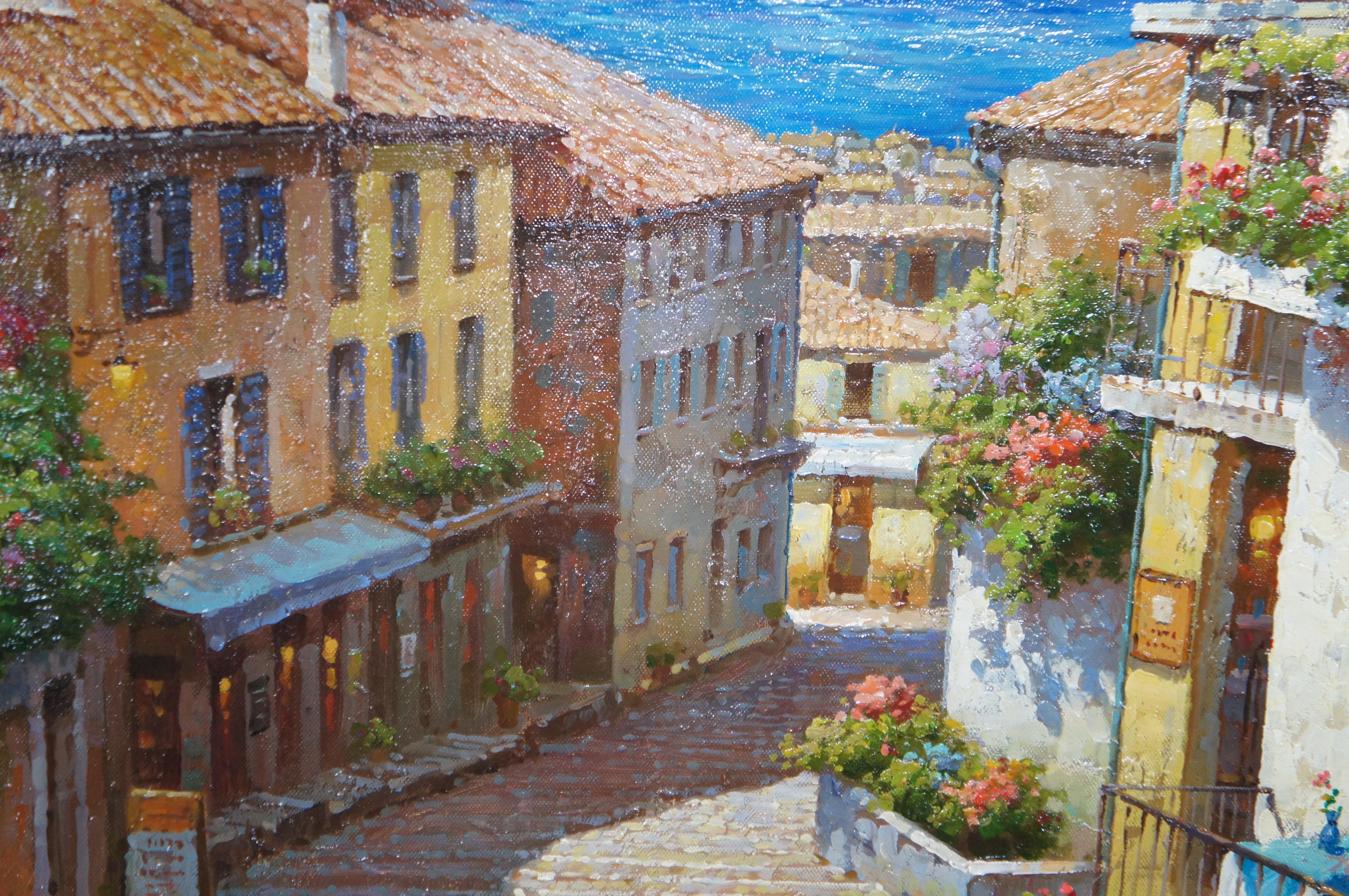 Vintage Italian Realist Oil Painting Bellagio Italy Alps Lake View Cityscape 47