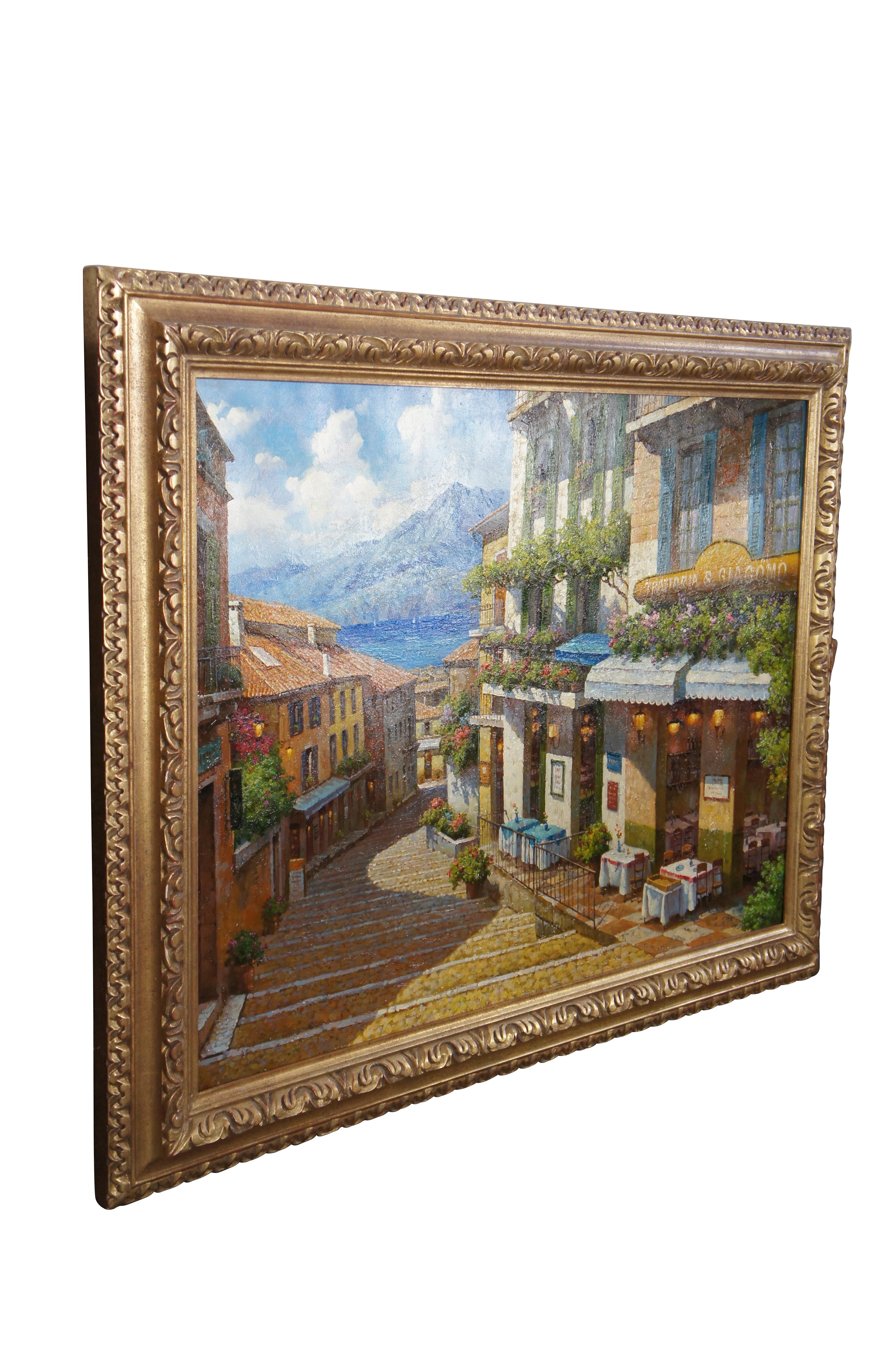 Beautiful vintage cityscape painting of Bellagio, Italy.  Bellagio is a village set on a peninsula at the 