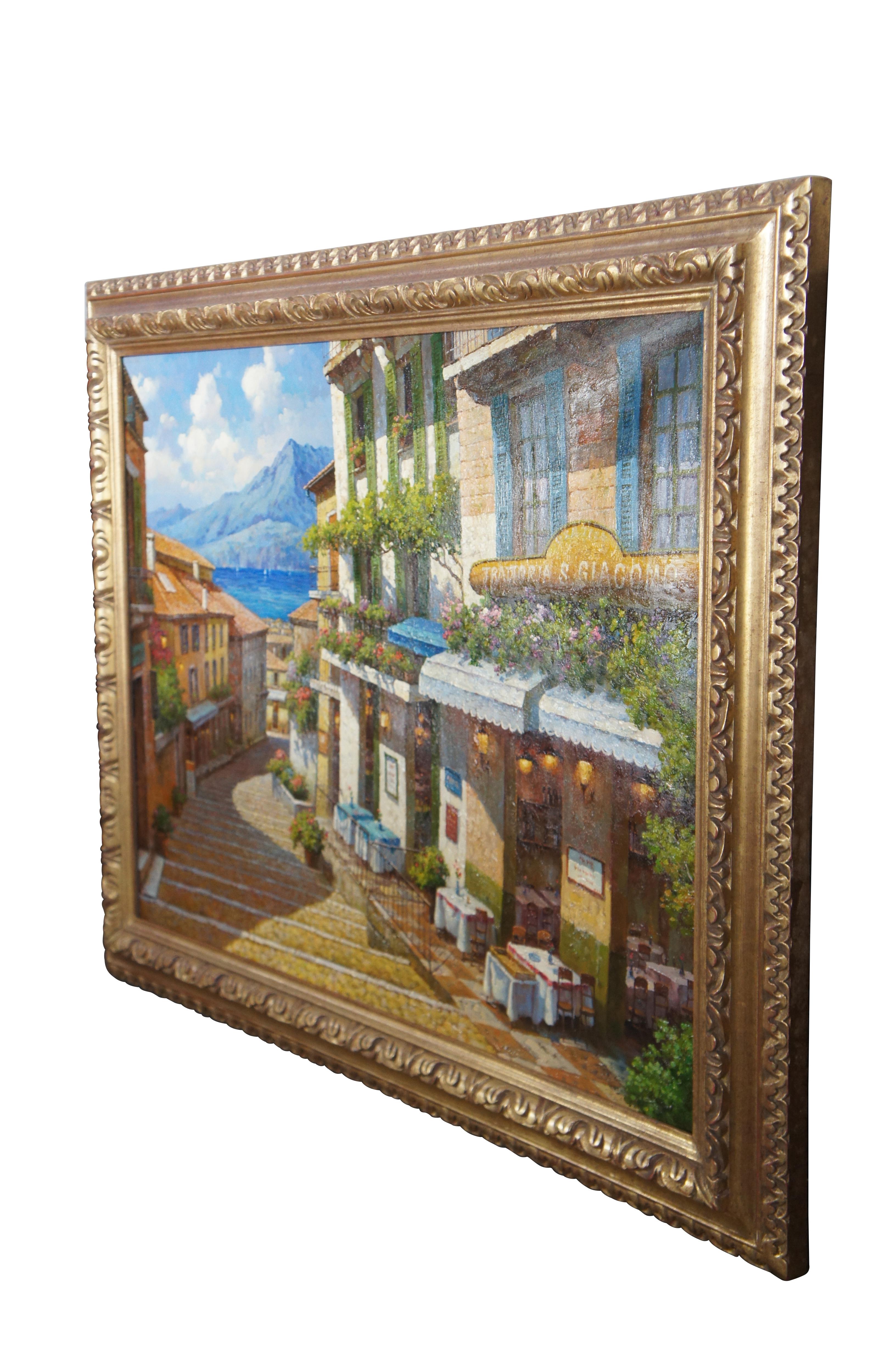 Vintage Italian Realist Oil Painting Bellagio Italy Alps Lake View Cityscape 47