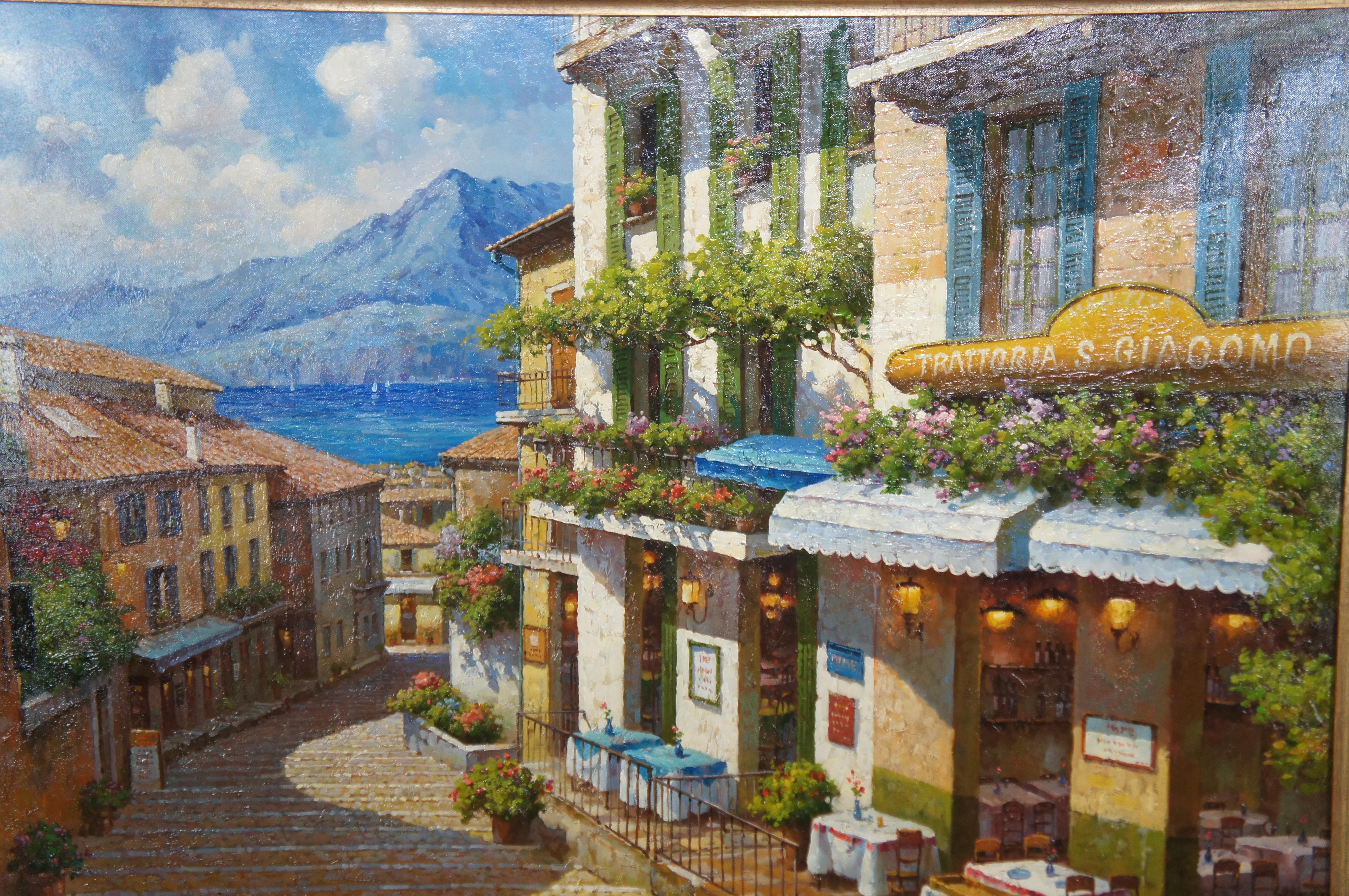 20th Century Vintage Italian Realist Oil Painting Bellagio Italy Alps Lake View Cityscape 47