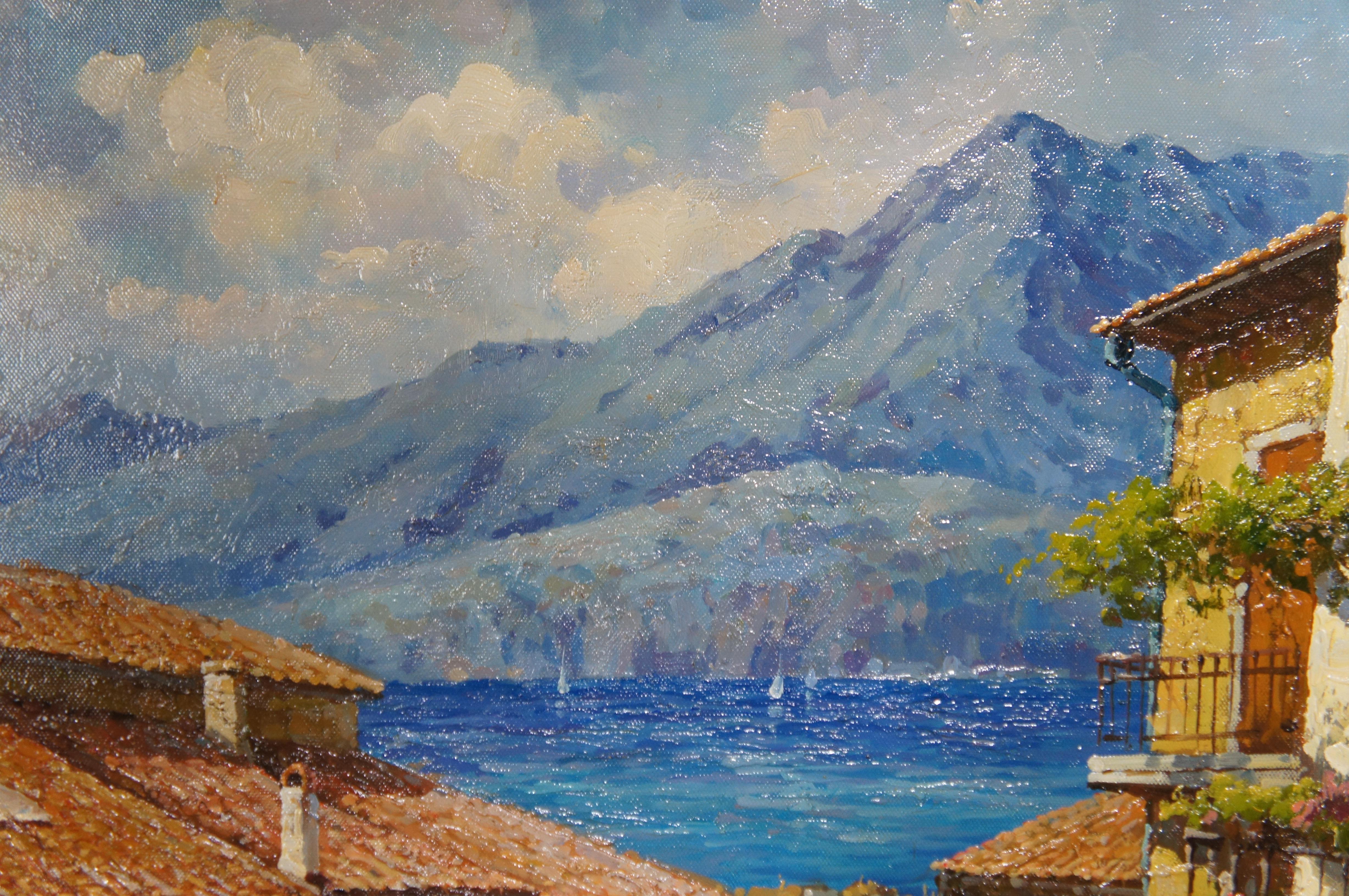 Vintage Italian Realist Oil Painting Bellagio Italy Alps Lake View Cityscape 47