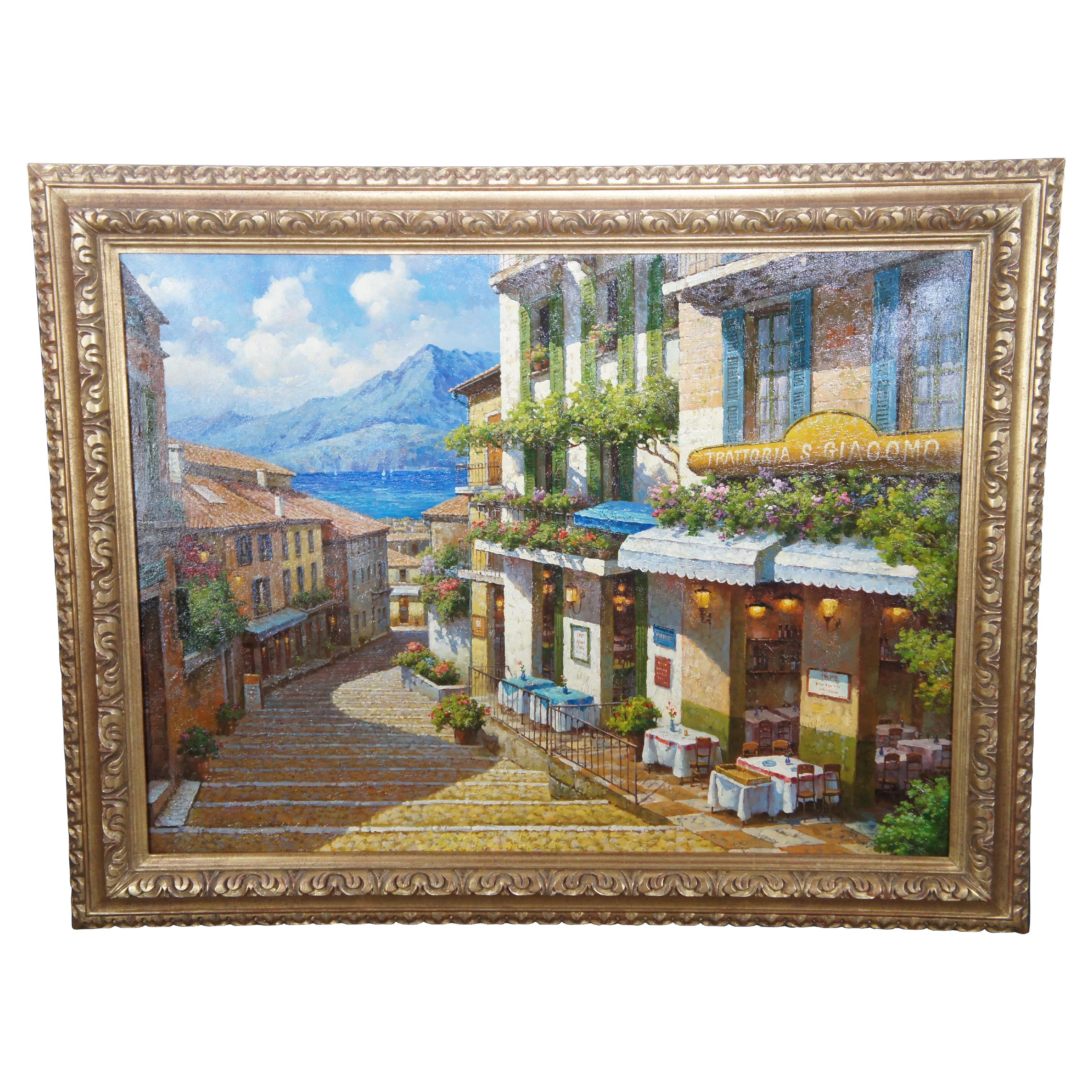 Vintage Italian Realist Oil Painting Bellagio Italy Alps Lake View Cityscape 47"